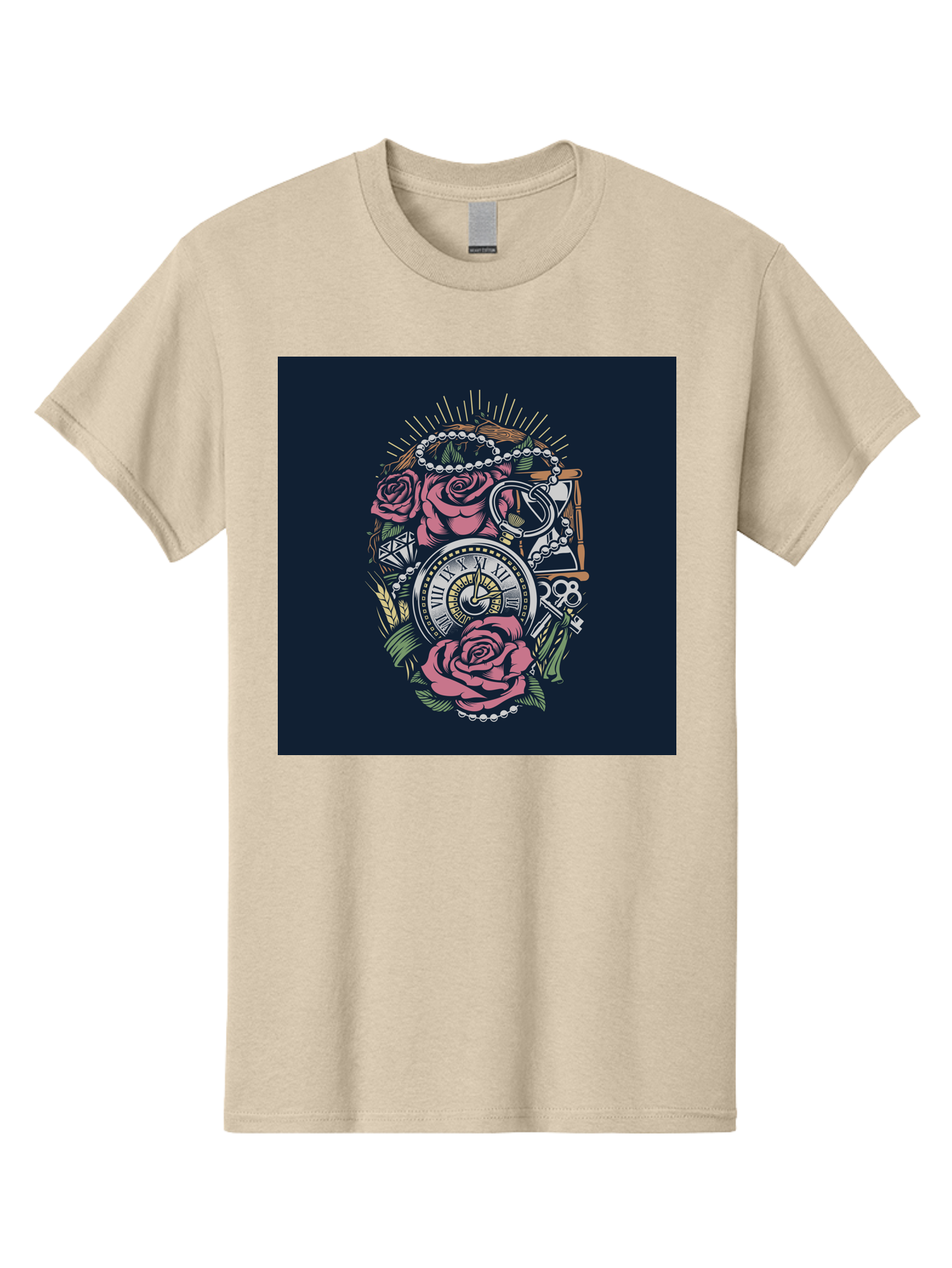 Tattoo-Roses-With-Pocket-Watch-Keys Men'S Graphic Tee, 100% Cotton, Comfortable Casual Summer Wear, Machine Washable, Pocket Watch, Roses, Floral Design, Vintage Clock, Jewelry, Keys, Tattoo Art, Intricate Details, Classic Style, Aab486