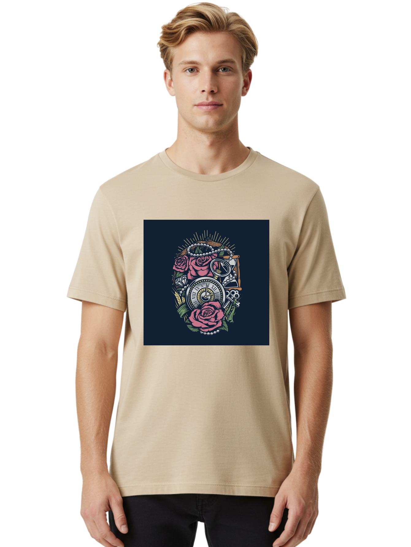 Tattoo-Roses-With-Pocket-Watch-Keys Men'S Graphic Tee, 100% Cotton, Comfortable Casual Summer Wear, Machine Washable, Pocket Watch, Roses, Floral Design, Vintage Clock, Jewelry, Keys, Tattoo Art, Intricate Details, Classic Style, Aab486