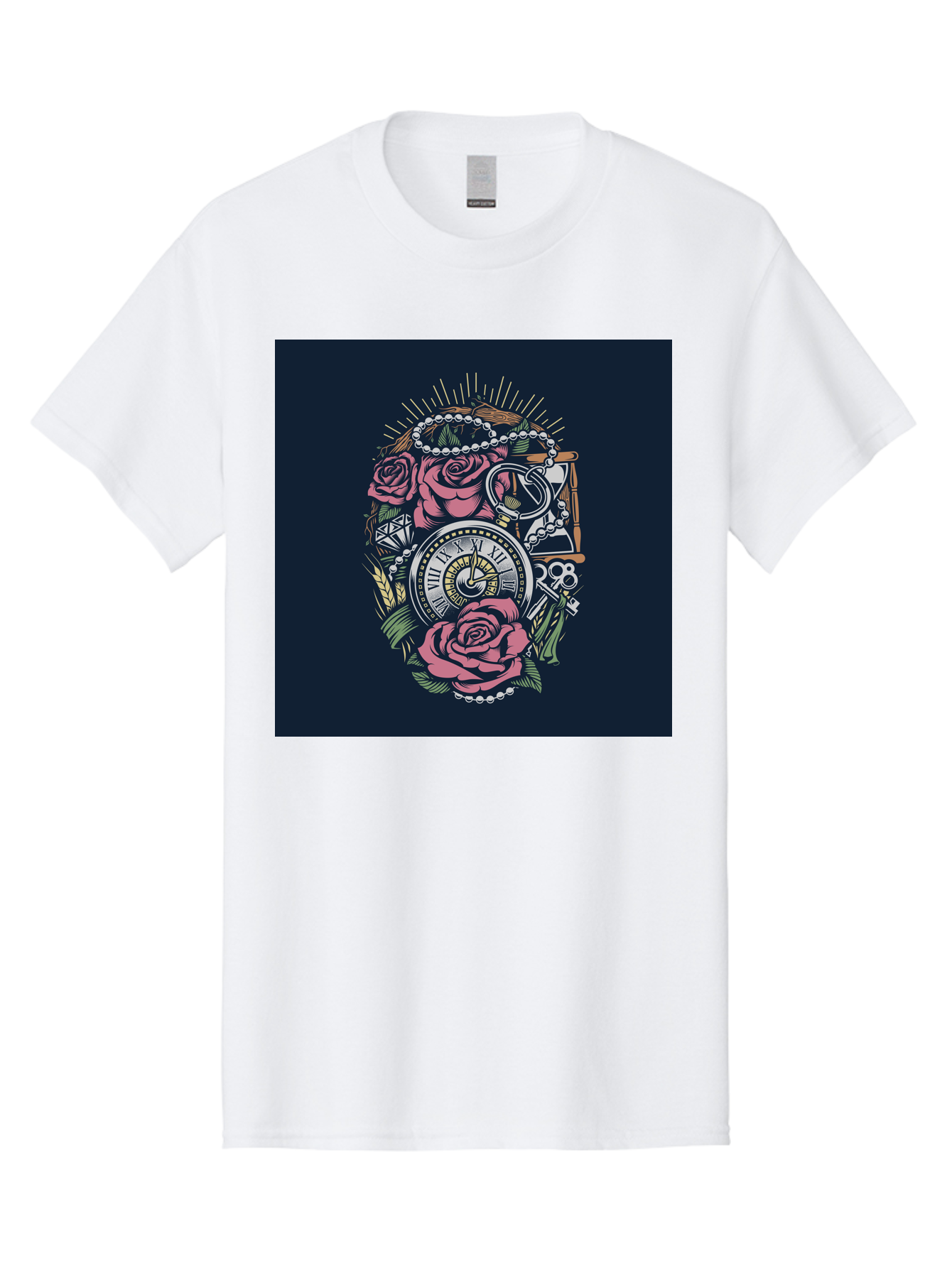 Tattoo-Roses-With-Pocket-Watch-Keys Men'S Graphic Tee, 100% Cotton, Comfortable Casual Summer Wear, Machine Washable, Pocket Watch, Roses, Floral Design, Vintage Clock, Jewelry, Keys, Tattoo Art, Intricate Details, Classic Style, Aab486