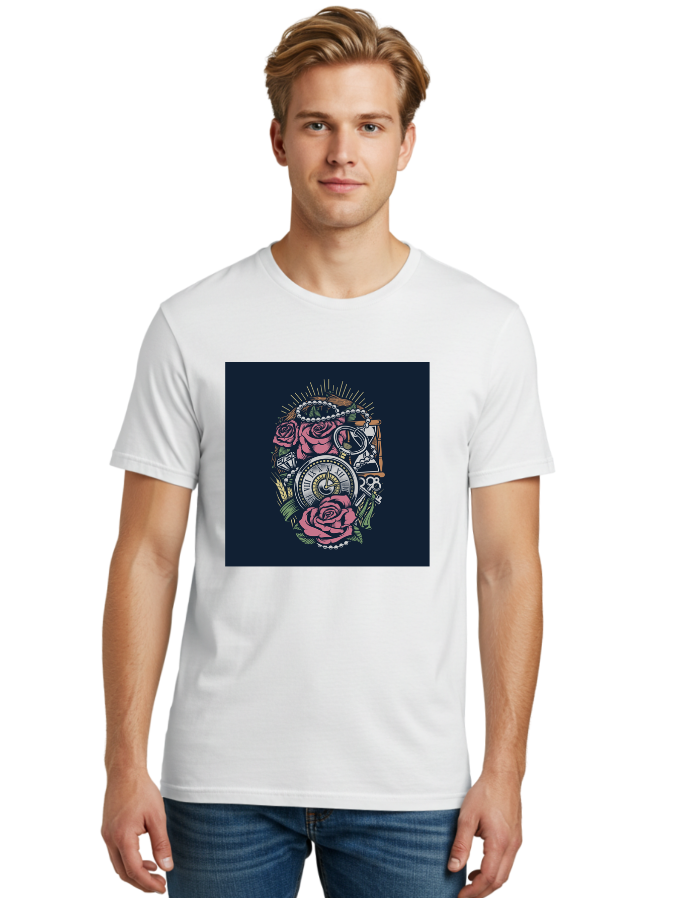 Tattoo-Roses-With-Pocket-Watch-Keys Men'S Graphic Tee, 100% Cotton, Comfortable Casual Summer Wear, Machine Washable, Pocket Watch, Roses, Floral Design, Vintage Clock, Jewelry, Keys, Tattoo Art, Intricate Details, Classic Style, Aab486