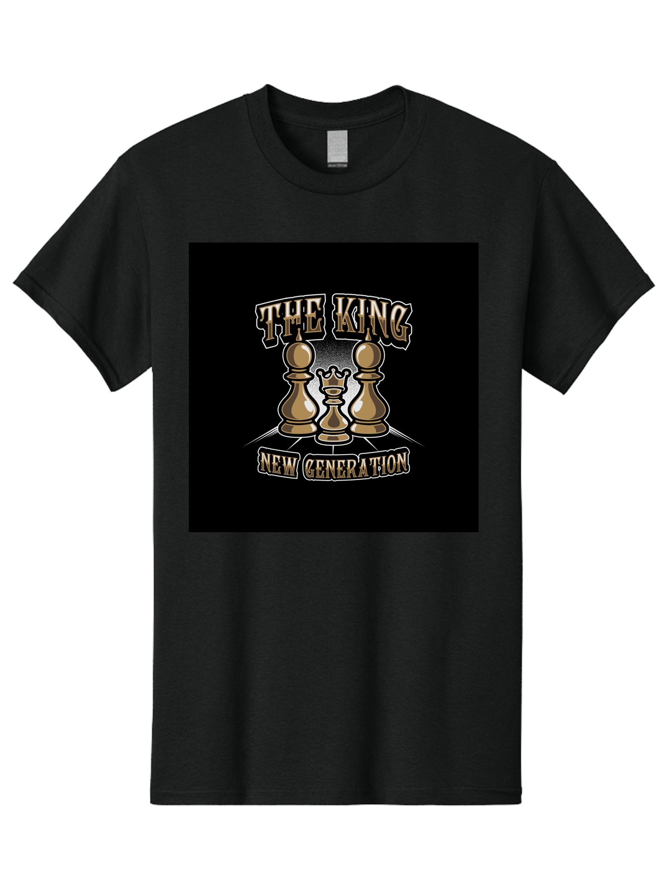 The-King-New-Generation Men'S Graphic Tee, 100% Cotton, Comfortable Casual Summer Wear, Machine Washable, Chess Pieces, The King, New Generation, Leadership, Strategy, Gold Pieces, Pawn, Queen, King, Black Background, Logo Design, Branding, Aab487