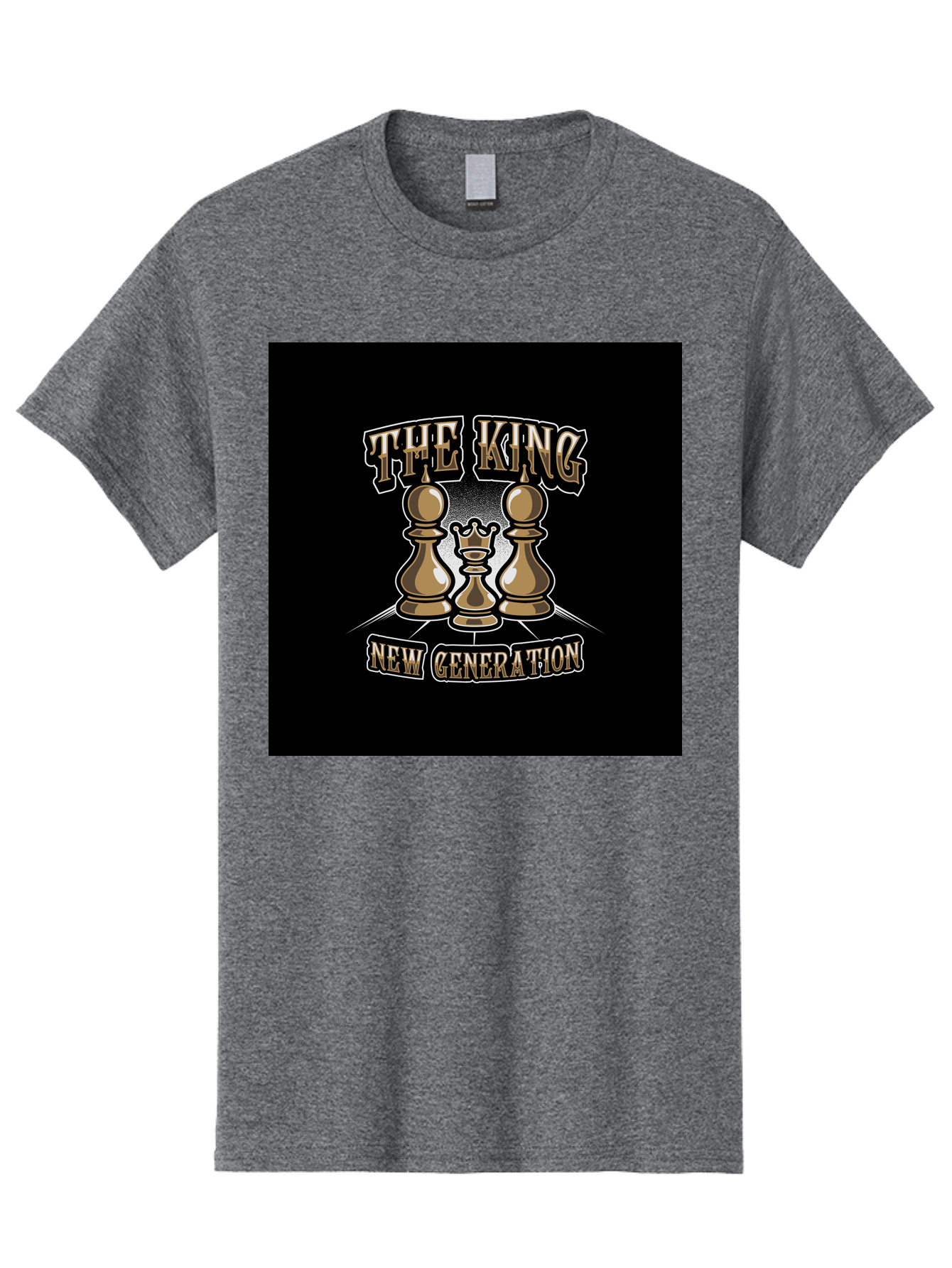 The-King-New-Generation Men'S Graphic Tee, 100% Cotton, Comfortable Casual Summer Wear, Machine Washable, Chess Pieces, The King, New Generation, Leadership, Strategy, Gold Pieces, Pawn, Queen, King, Black Background, Logo Design, Branding, Aab487
