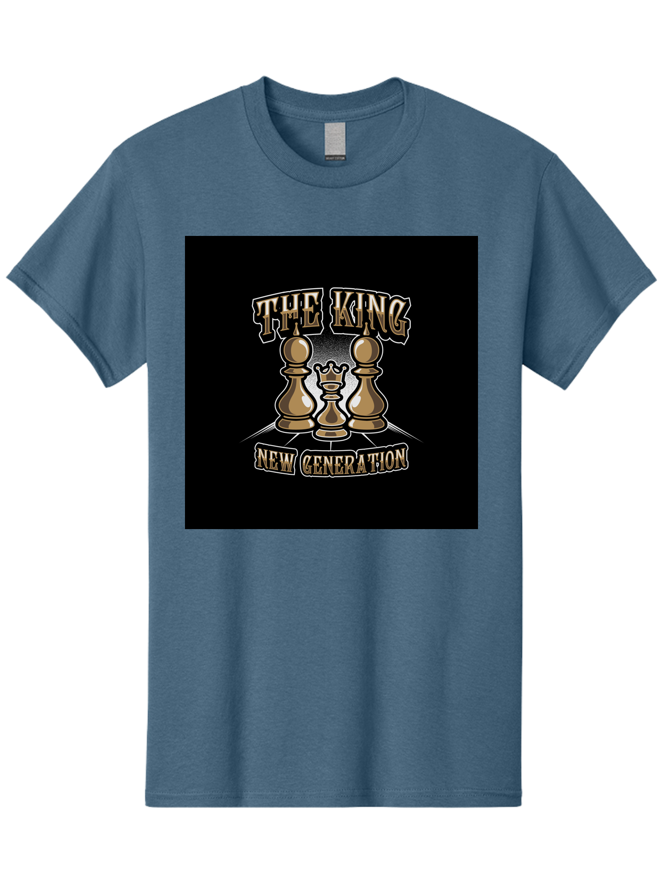 The-King-New-Generation Men'S Graphic Tee, 100% Cotton, Comfortable Casual Summer Wear, Machine Washable, Chess Pieces, The King, New Generation, Leadership, Strategy, Gold Pieces, Pawn, Queen, King, Black Background, Logo Design, Branding, Aab487