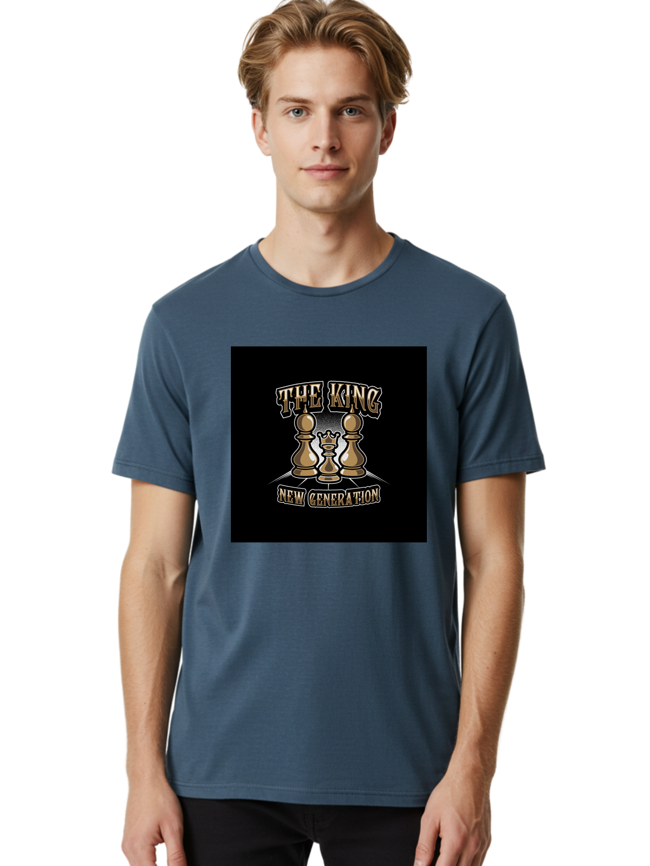 The-King-New-Generation Men'S Graphic Tee, 100% Cotton, Comfortable Casual Summer Wear, Machine Washable, Chess Pieces, The King, New Generation, Leadership, Strategy, Gold Pieces, Pawn, Queen, King, Black Background, Logo Design, Branding, Aab487