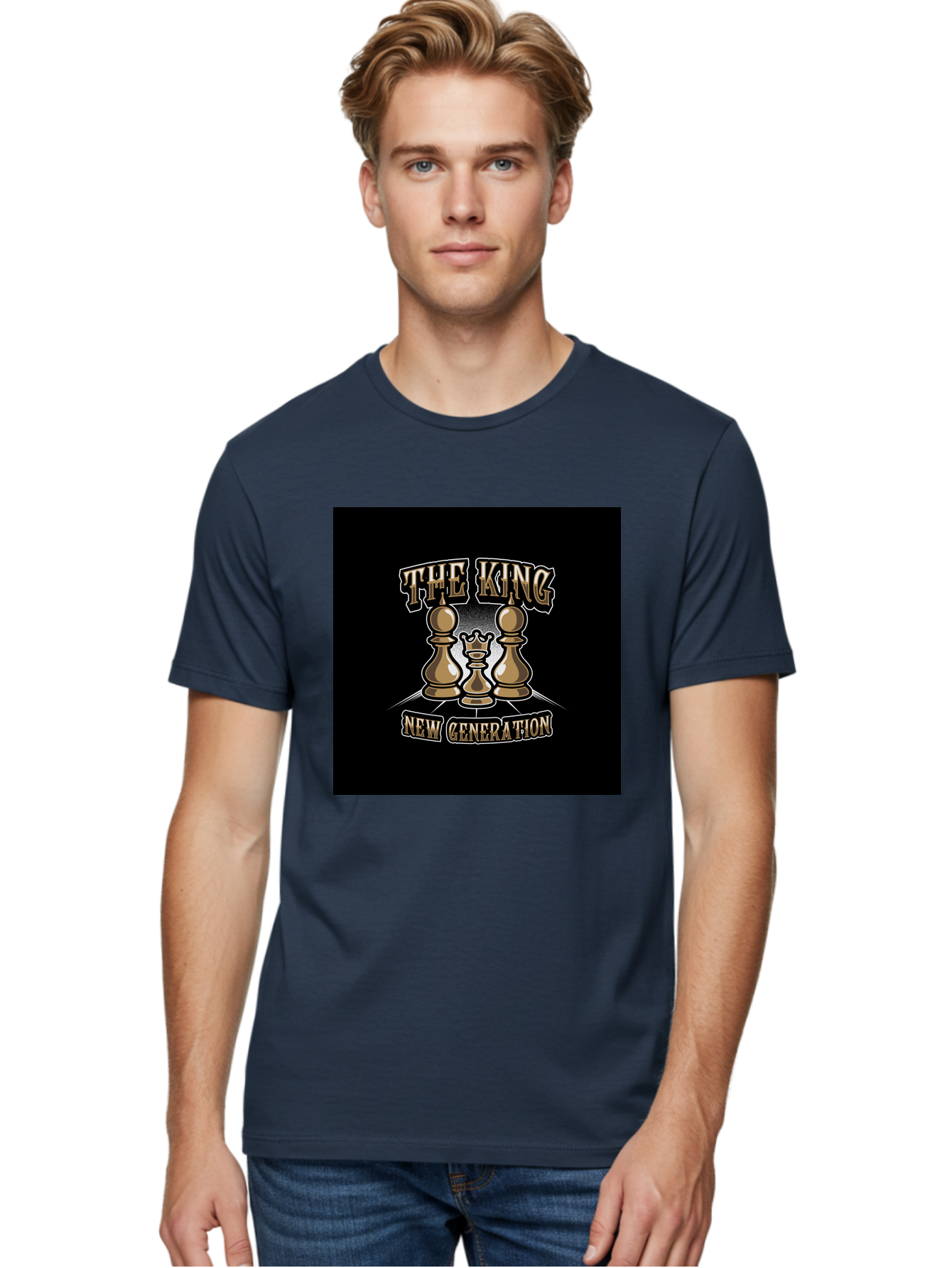 The-King-New-Generation Men'S Graphic Tee, 100% Cotton, Comfortable Casual Summer Wear, Machine Washable, Chess Pieces, The King, New Generation, Leadership, Strategy, Gold Pieces, Pawn, Queen, King, Black Background, Logo Design, Branding, Aab487