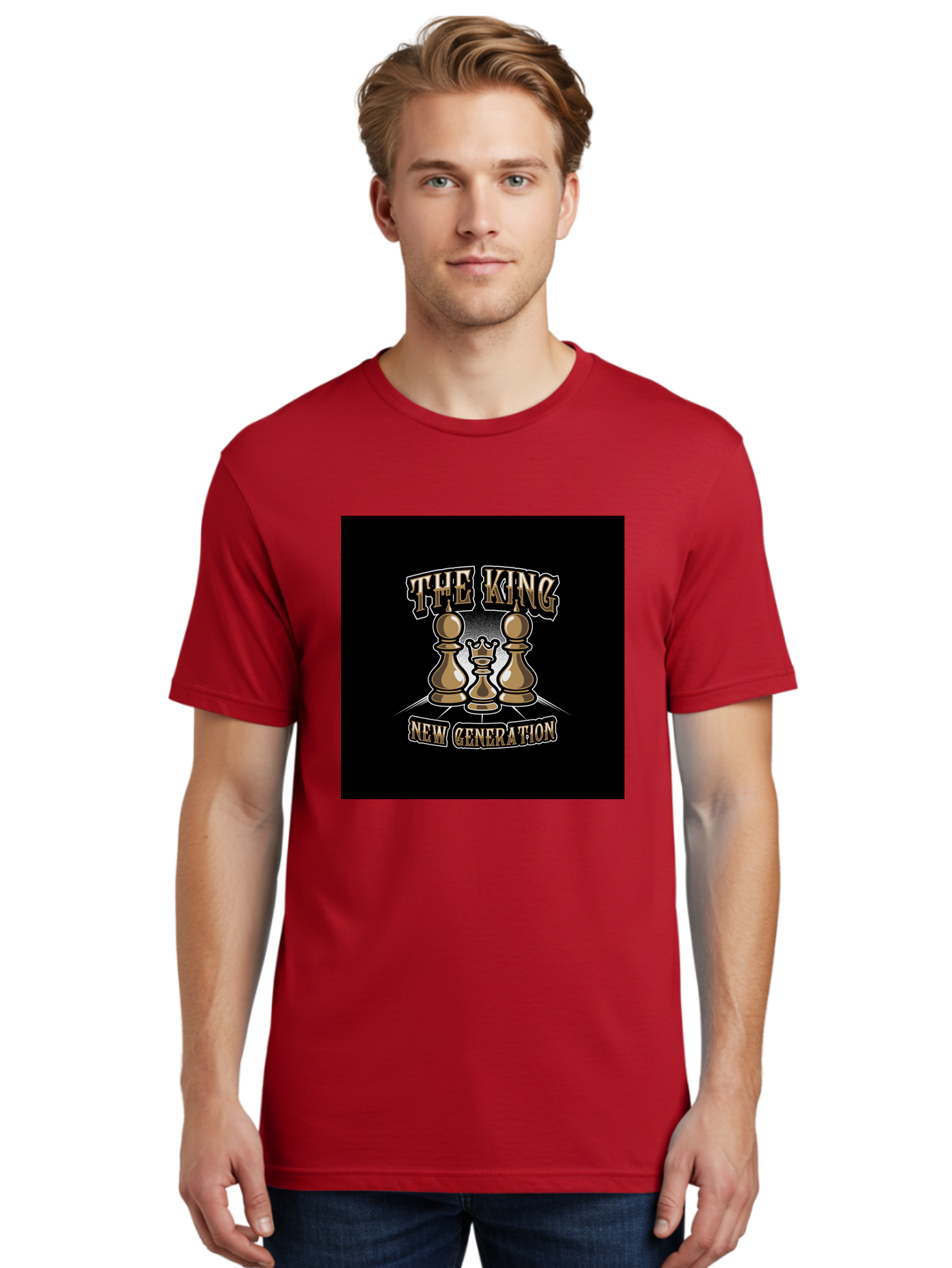 The-King-New-Generation Men'S Graphic Tee, 100% Cotton, Comfortable Casual Summer Wear, Machine Washable, Chess Pieces, The King, New Generation, Leadership, Strategy, Gold Pieces, Pawn, Queen, King, Black Background, Logo Design, Branding, Aab487