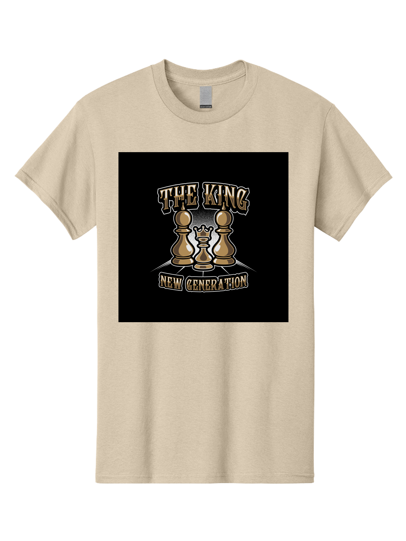 The-King-New-Generation Men'S Graphic Tee, 100% Cotton, Comfortable Casual Summer Wear, Machine Washable, Chess Pieces, The King, New Generation, Leadership, Strategy, Gold Pieces, Pawn, Queen, King, Black Background, Logo Design, Branding, Aab487