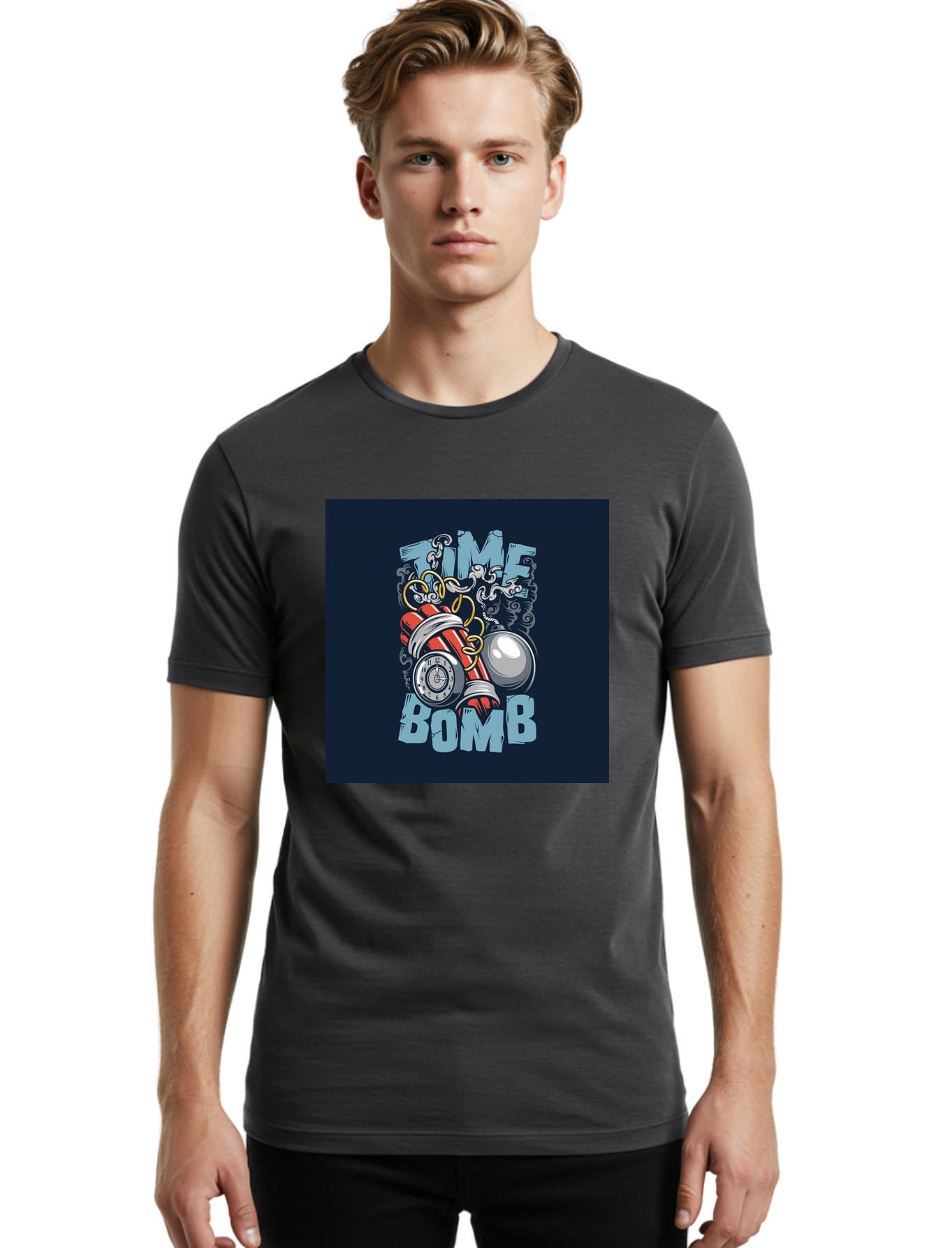 Time-Bomb Men'S Graphic Tee, 100% Cotton, Comfortable Casual Summer Wear, Machine Washable, Time Bomb Illustration, Cartoon Style, Dynamite Sticks, Clock Timer, Danger Alert, Bomb Threat, Countdown To Explosion, Cartoon Graphics, Comic Art Aab489
