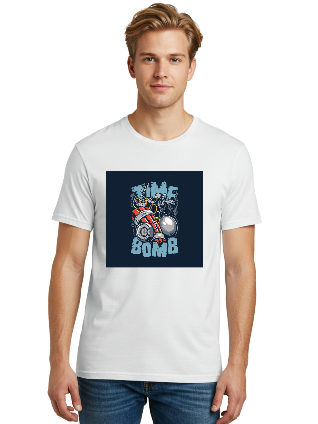 Time-Bomb Men'S Graphic Tee, 100% Cotton, Comfortable Casual Summer Wear, Machine Washable, Time Bomb Illustration, Cartoon Style, Dynamite Sticks, Clock Timer, Danger Alert, Bomb Threat, Countdown To Explosion, Cartoon Graphics, Comic Art Aab489