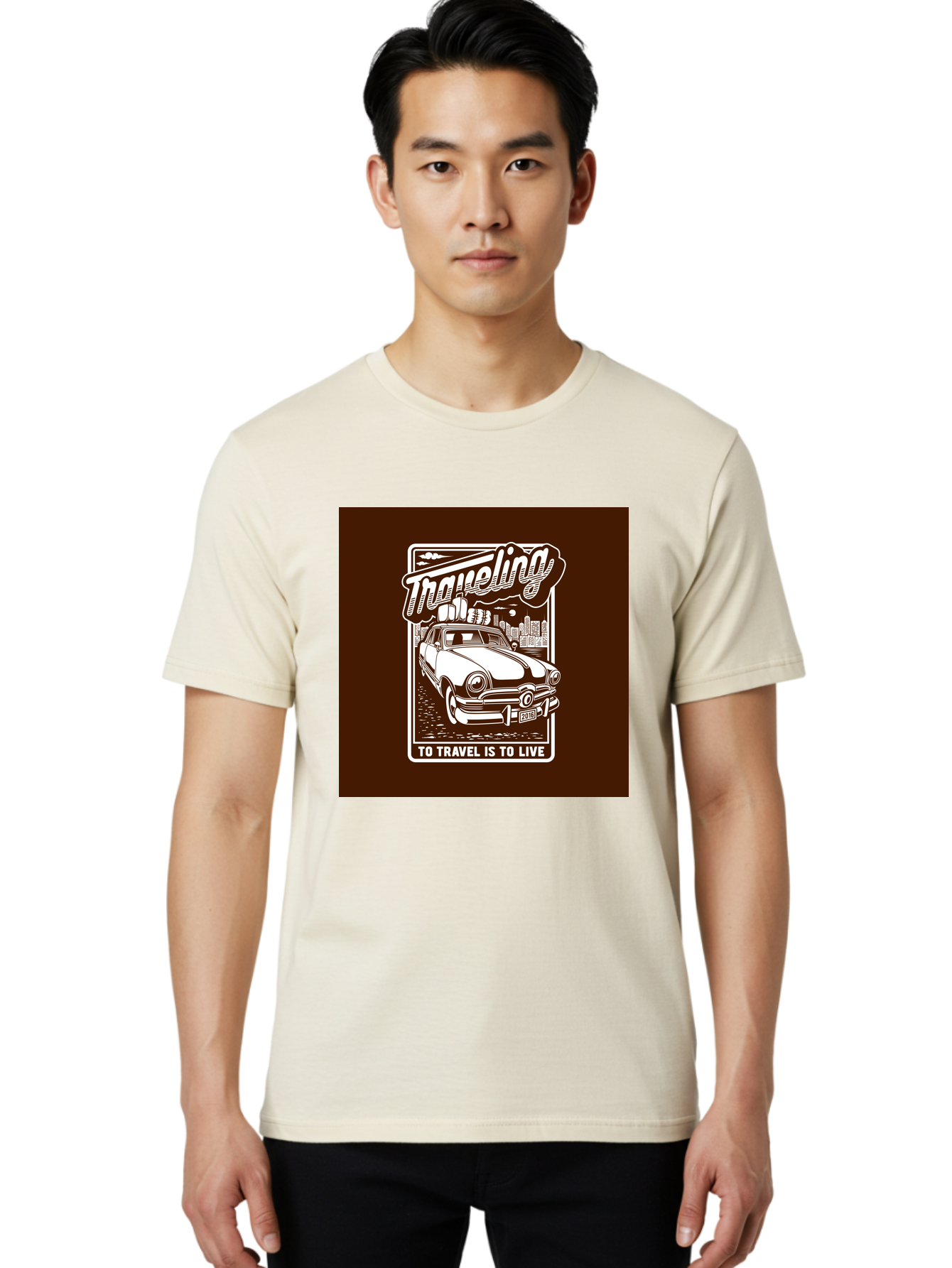 Traveling Men'S Graphic Tee, 100% Cotton, Comfortable Casual Summer Wear, Machine Washable, Vintage Car, Travel, Adventure, Classic Automobile, Cityscape, Road Trip, Exploration, Wanderlust, Traveling, To Travel Is To Live Aab490