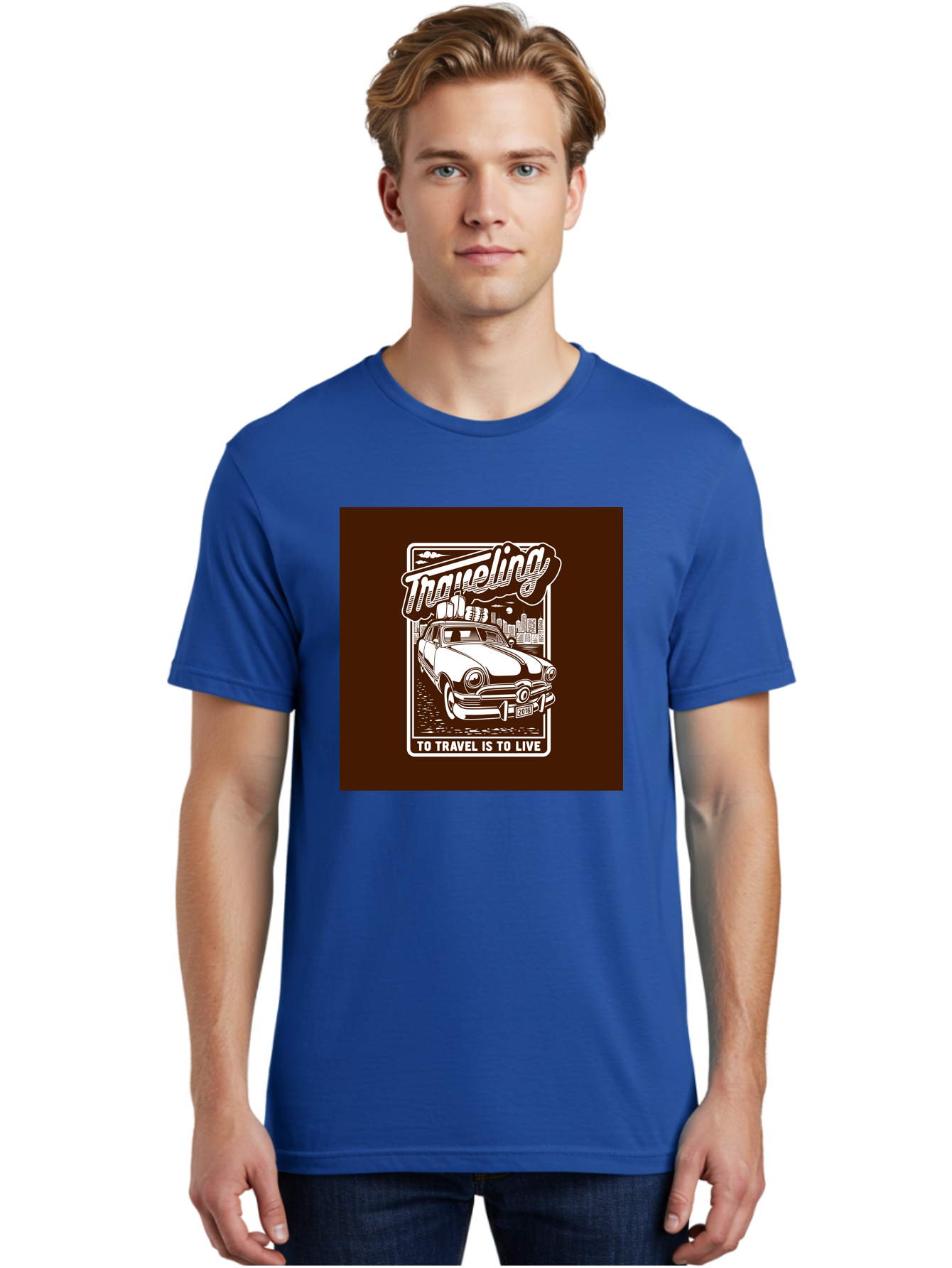 Traveling Men'S Graphic Tee, 100% Cotton, Comfortable Casual Summer Wear, Machine Washable, Vintage Car, Travel, Adventure, Classic Automobile, Cityscape, Road Trip, Exploration, Wanderlust, Traveling, To Travel Is To Live Aab490