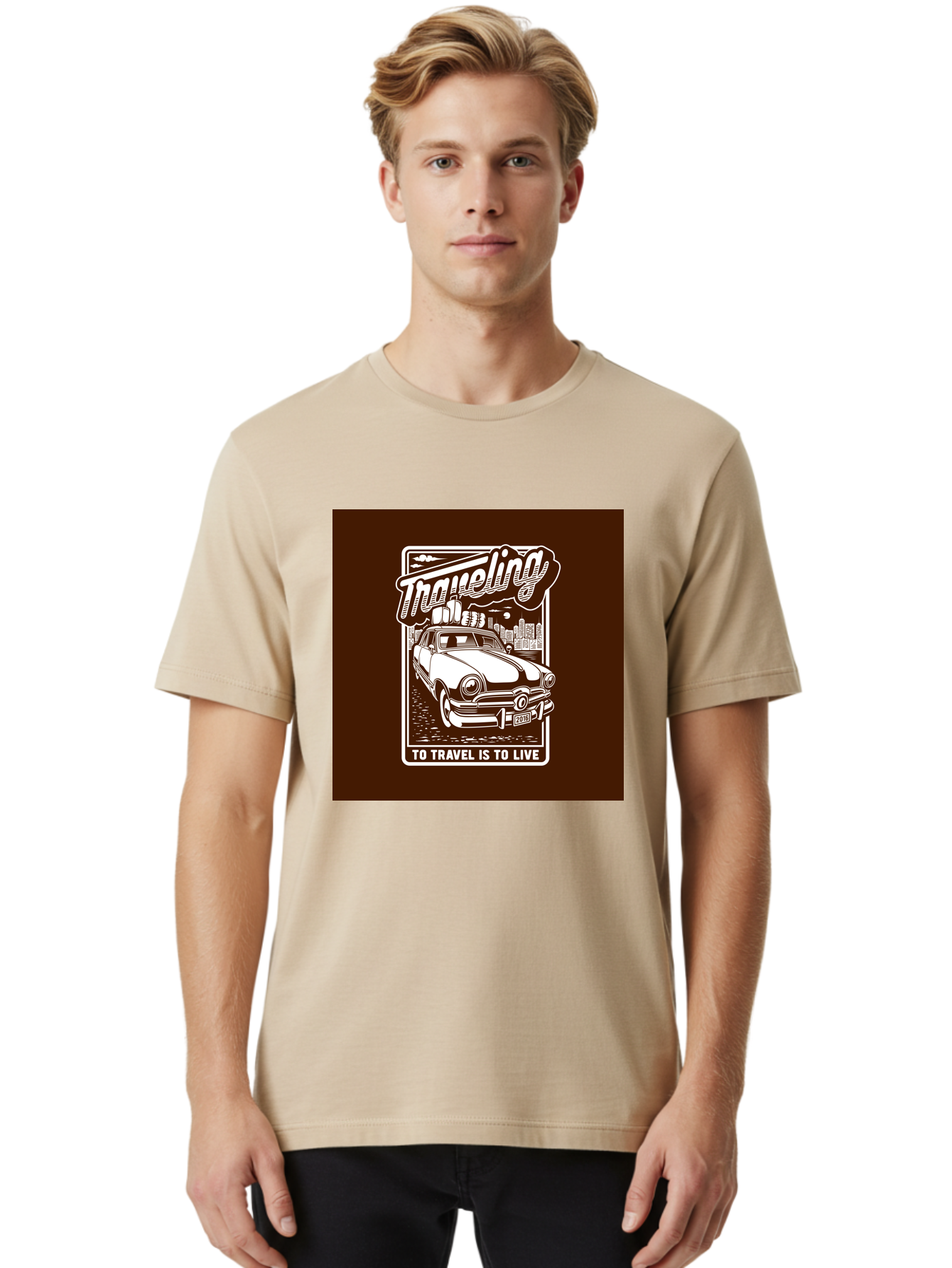Traveling Men'S Graphic Tee, 100% Cotton, Comfortable Casual Summer Wear, Machine Washable, Vintage Car, Travel, Adventure, Classic Automobile, Cityscape, Road Trip, Exploration, Wanderlust, Traveling, To Travel Is To Live Aab490