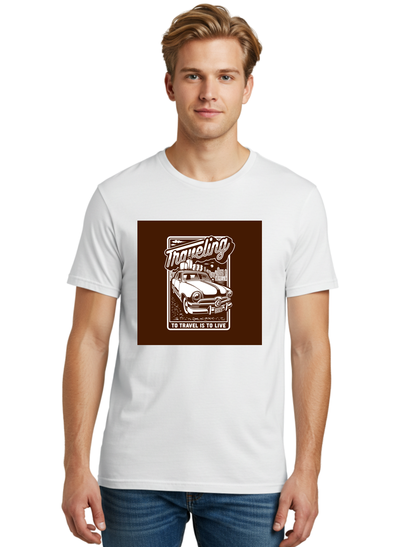 Traveling Men'S Graphic Tee, 100% Cotton, Comfortable Casual Summer Wear, Machine Washable, Vintage Car, Travel, Adventure, Classic Automobile, Cityscape, Road Trip, Exploration, Wanderlust, Traveling, To Travel Is To Live Aab490