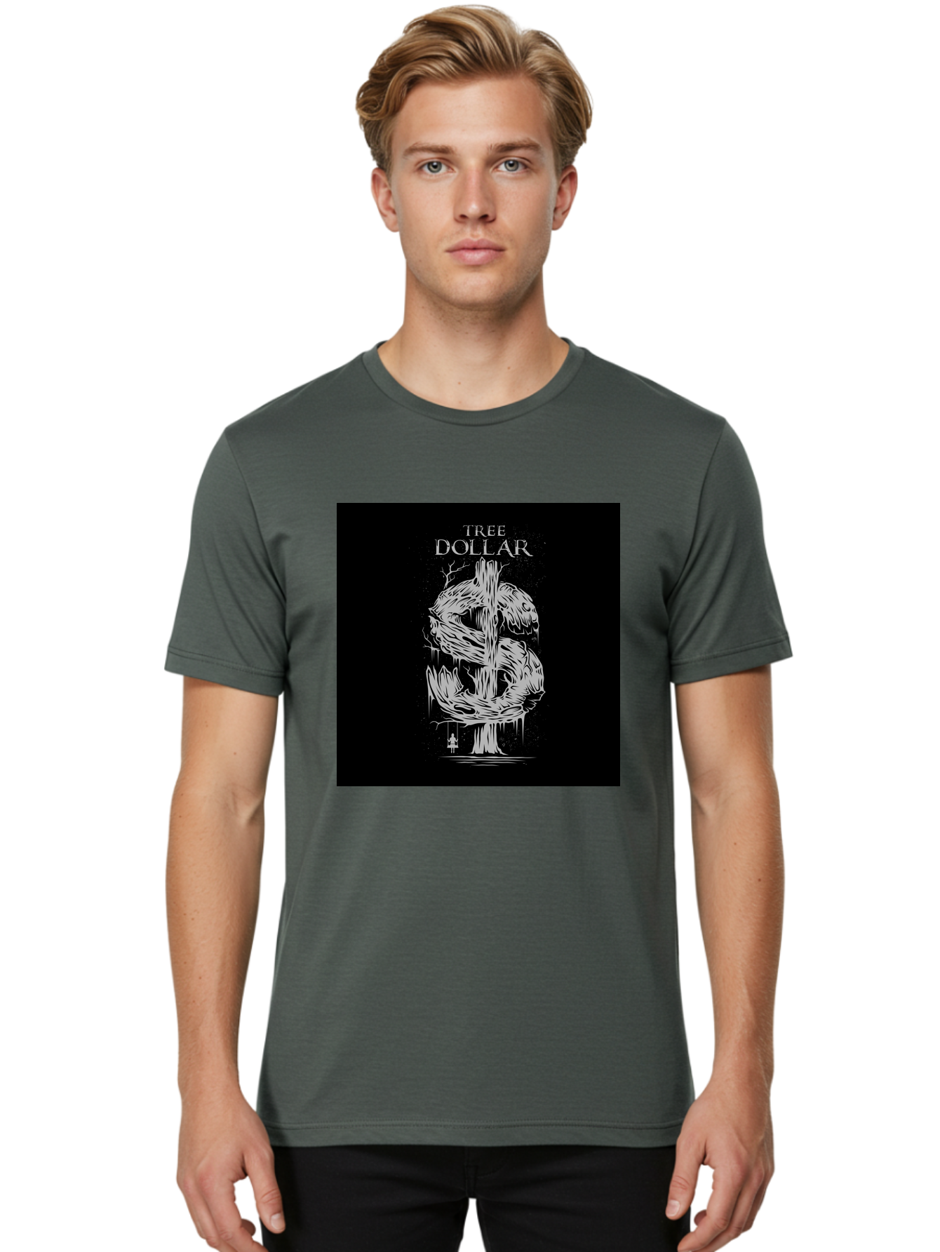 Tree-Dollar Men'S Graphic Tee, 100% Cotton, Comfortable Casual Summer Wear, Machine Washable, Dollar Sign Made Of Tree Branches, Wooden Currency Symbol, Environmental Finance, Eco-Friendly Money, Twisted Tree Trunk, Drip Art, Aab491