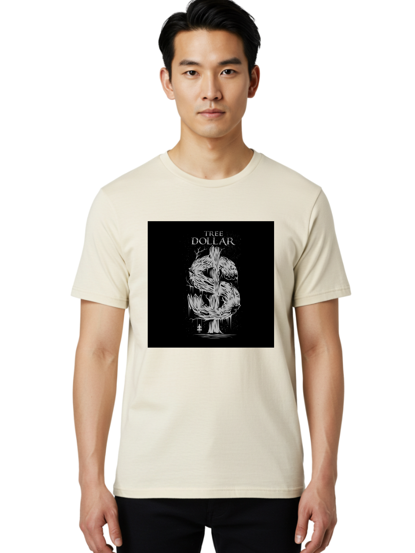 Tree-Dollar Men'S Graphic Tee, 100% Cotton, Comfortable Casual Summer Wear, Machine Washable, Dollar Sign Made Of Tree Branches, Wooden Currency Symbol, Environmental Finance, Eco-Friendly Money, Twisted Tree Trunk, Drip Art, Aab491