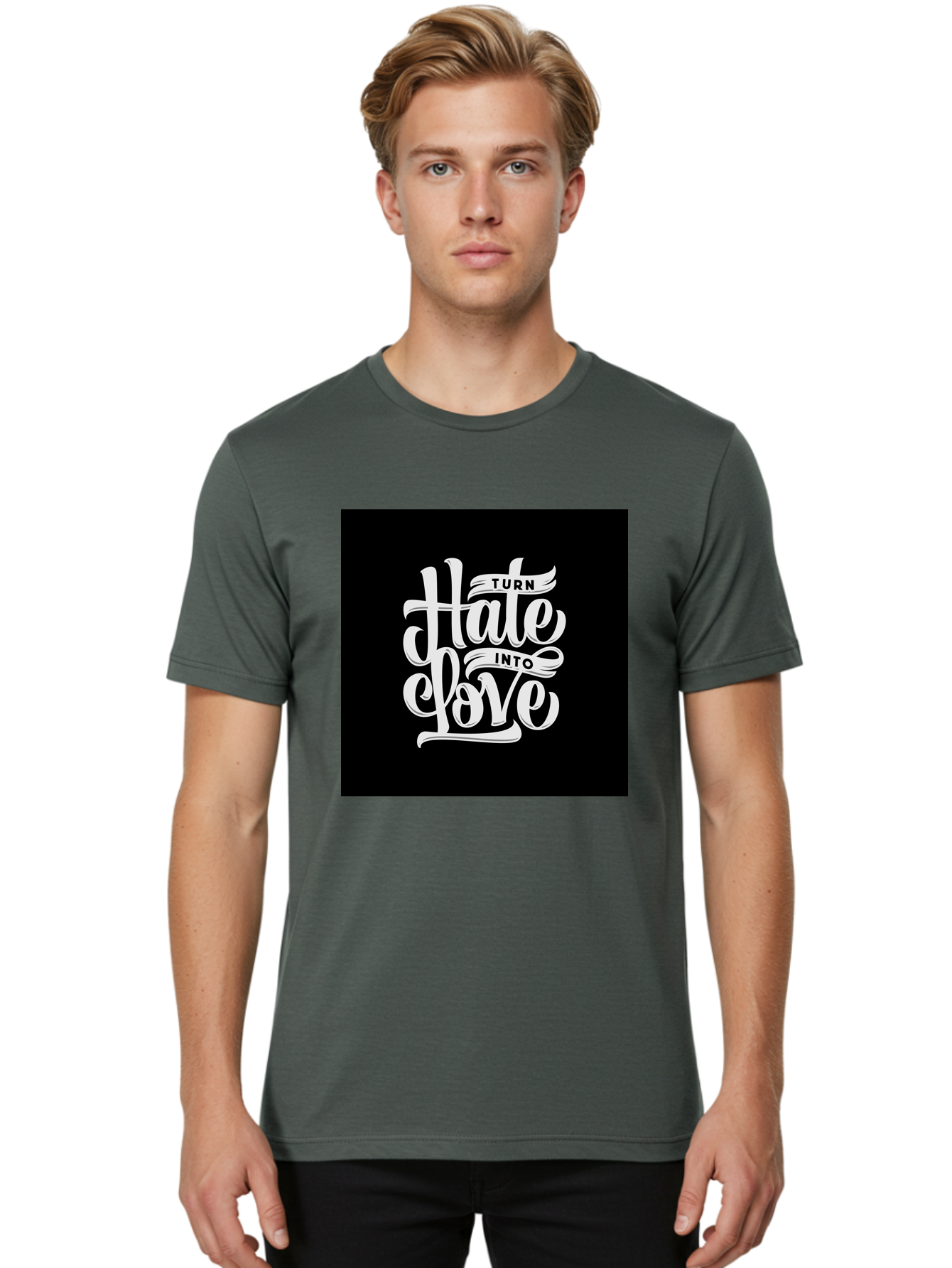 Turn-Hate-Into-Love Men'S Graphic Tee, 100% Cotton, Comfortable Casual Summer Wear, Machine Washable, Inspirational Quotes, Motivational Sayings, Positive Affirmations, Kindness Messages, Peace Signs, Emotional Support, Uplifting Words, Aab492