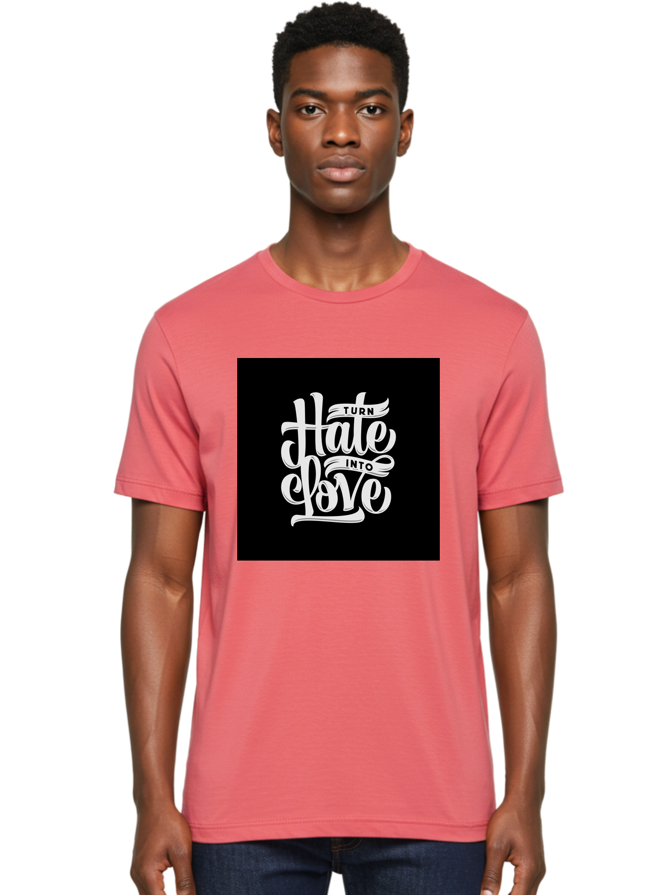 Turn-Hate-Into-Love Men'S Graphic Tee, 100% Cotton, Comfortable Casual Summer Wear, Machine Washable, Inspirational Quotes, Motivational Sayings, Positive Affirmations, Kindness Messages, Peace Signs, Emotional Support, Uplifting Words, Aab492