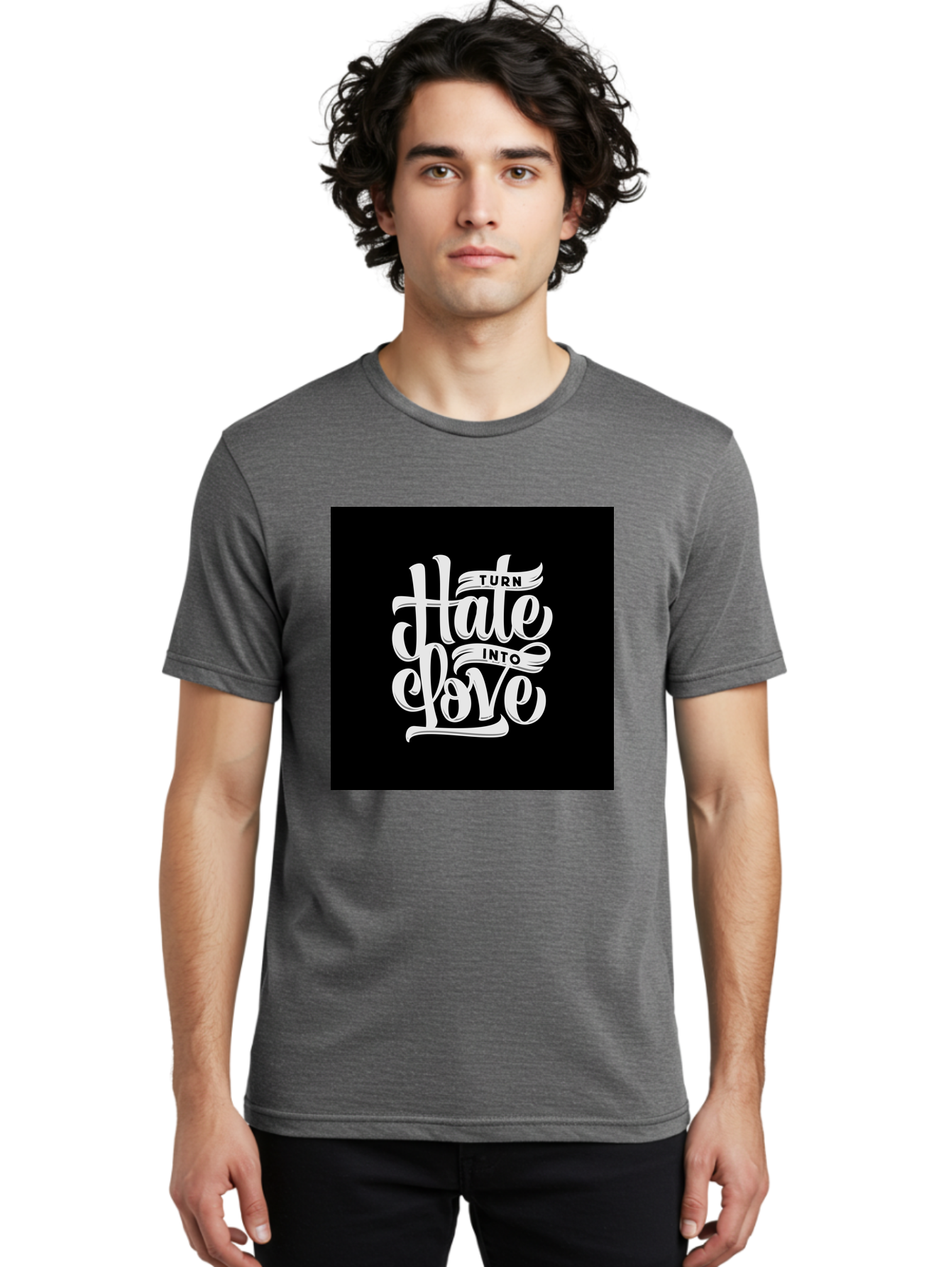 Turn-Hate-Into-Love Men'S Graphic Tee, 100% Cotton, Comfortable Casual Summer Wear, Machine Washable, Inspirational Quotes, Motivational Sayings, Positive Affirmations, Kindness Messages, Peace Signs, Emotional Support, Uplifting Words, Aab492