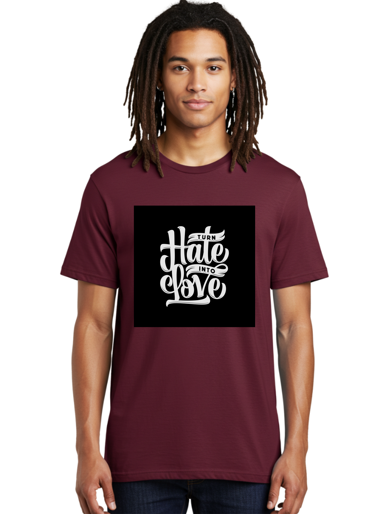Turn-Hate-Into-Love Men'S Graphic Tee, 100% Cotton, Comfortable Casual Summer Wear, Machine Washable, Inspirational Quotes, Motivational Sayings, Positive Affirmations, Kindness Messages, Peace Signs, Emotional Support, Uplifting Words, Aab492