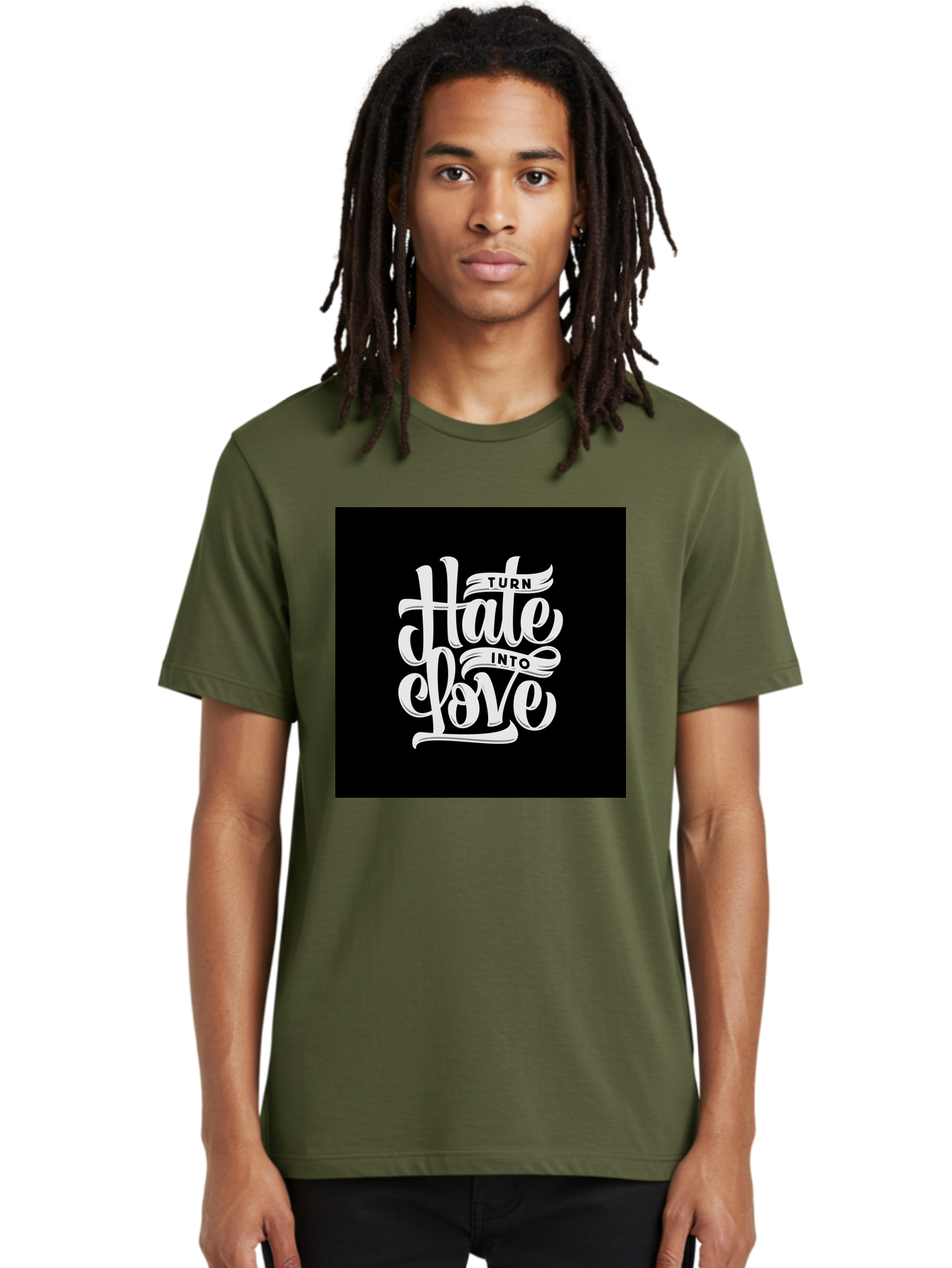 Turn-Hate-Into-Love Men'S Graphic Tee, 100% Cotton, Comfortable Casual Summer Wear, Machine Washable, Inspirational Quotes, Motivational Sayings, Positive Affirmations, Kindness Messages, Peace Signs, Emotional Support, Uplifting Words, Aab492