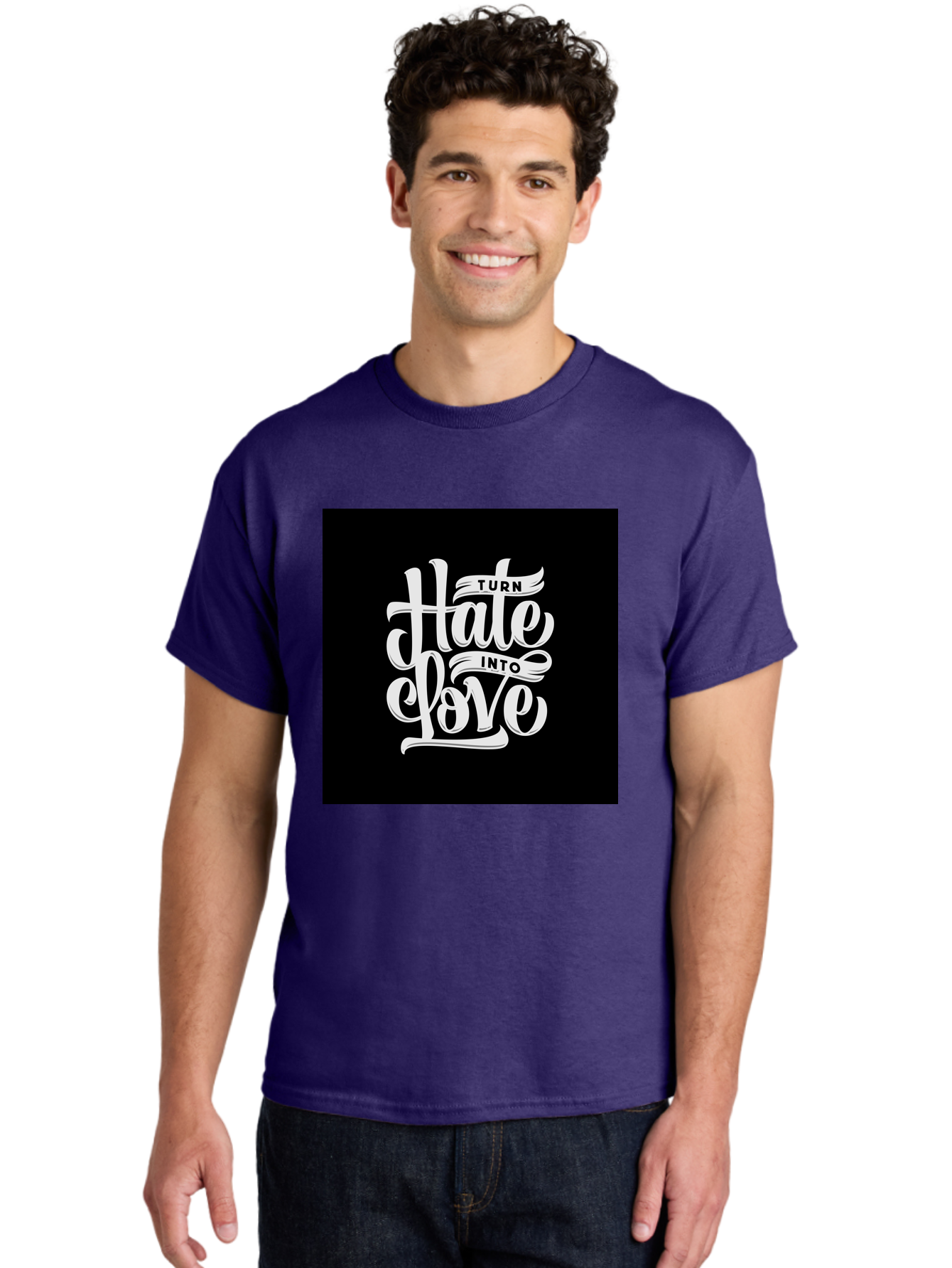 Turn-Hate-Into-Love Men'S Graphic Tee, 100% Cotton, Comfortable Casual Summer Wear, Machine Washable, Inspirational Quotes, Motivational Sayings, Positive Affirmations, Kindness Messages, Peace Signs, Emotional Support, Uplifting Words, Aab492