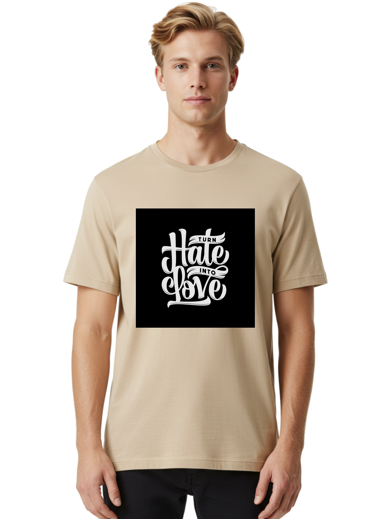 Turn-Hate-Into-Love Men'S Graphic Tee, 100% Cotton, Comfortable Casual Summer Wear, Machine Washable, Inspirational Quotes, Motivational Sayings, Positive Affirmations, Kindness Messages, Peace Signs, Emotional Support, Uplifting Words, Aab492
