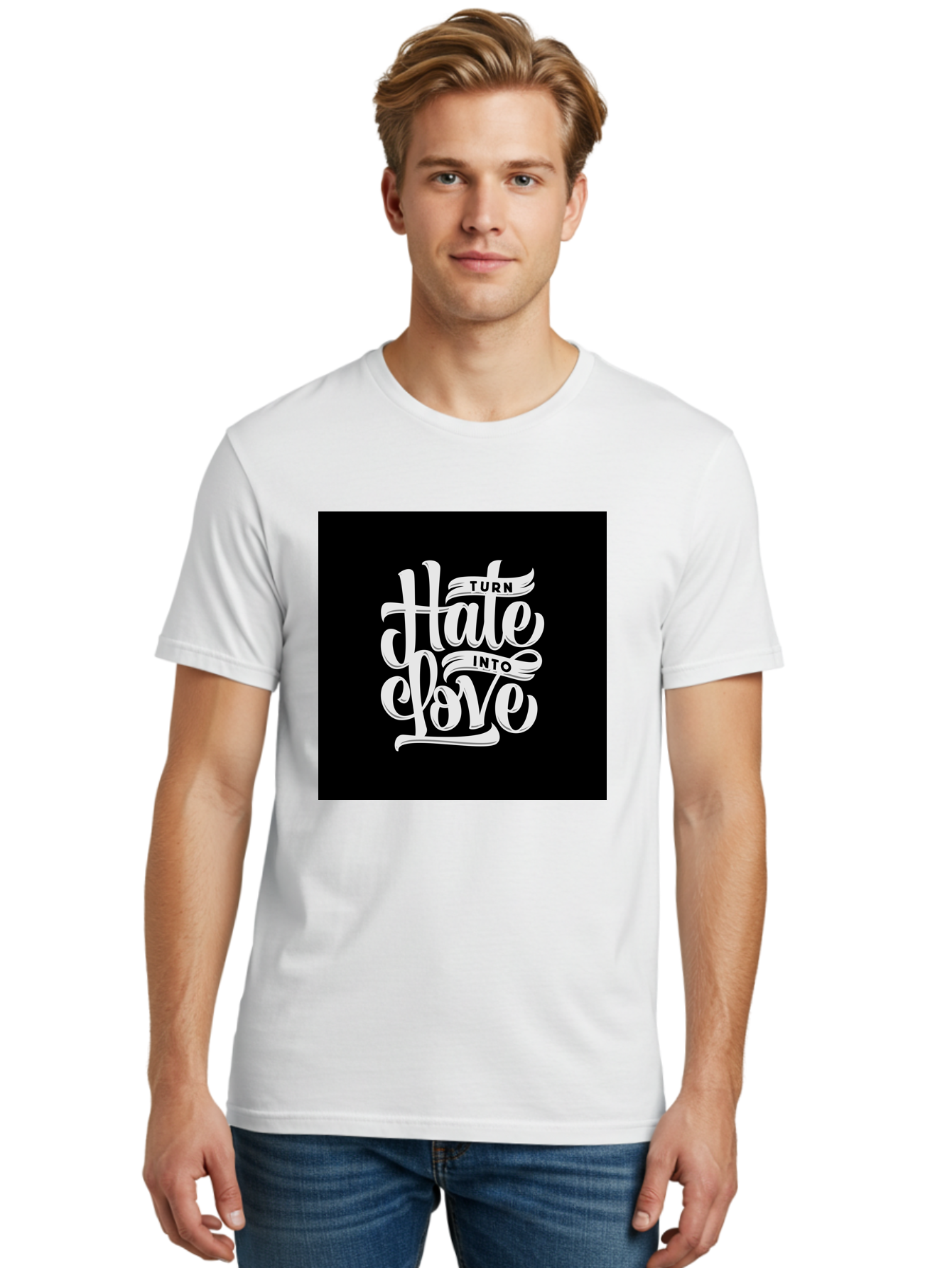 Turn-Hate-Into-Love Men'S Graphic Tee, 100% Cotton, Comfortable Casual Summer Wear, Machine Washable, Inspirational Quotes, Motivational Sayings, Positive Affirmations, Kindness Messages, Peace Signs, Emotional Support, Uplifting Words, Aab492