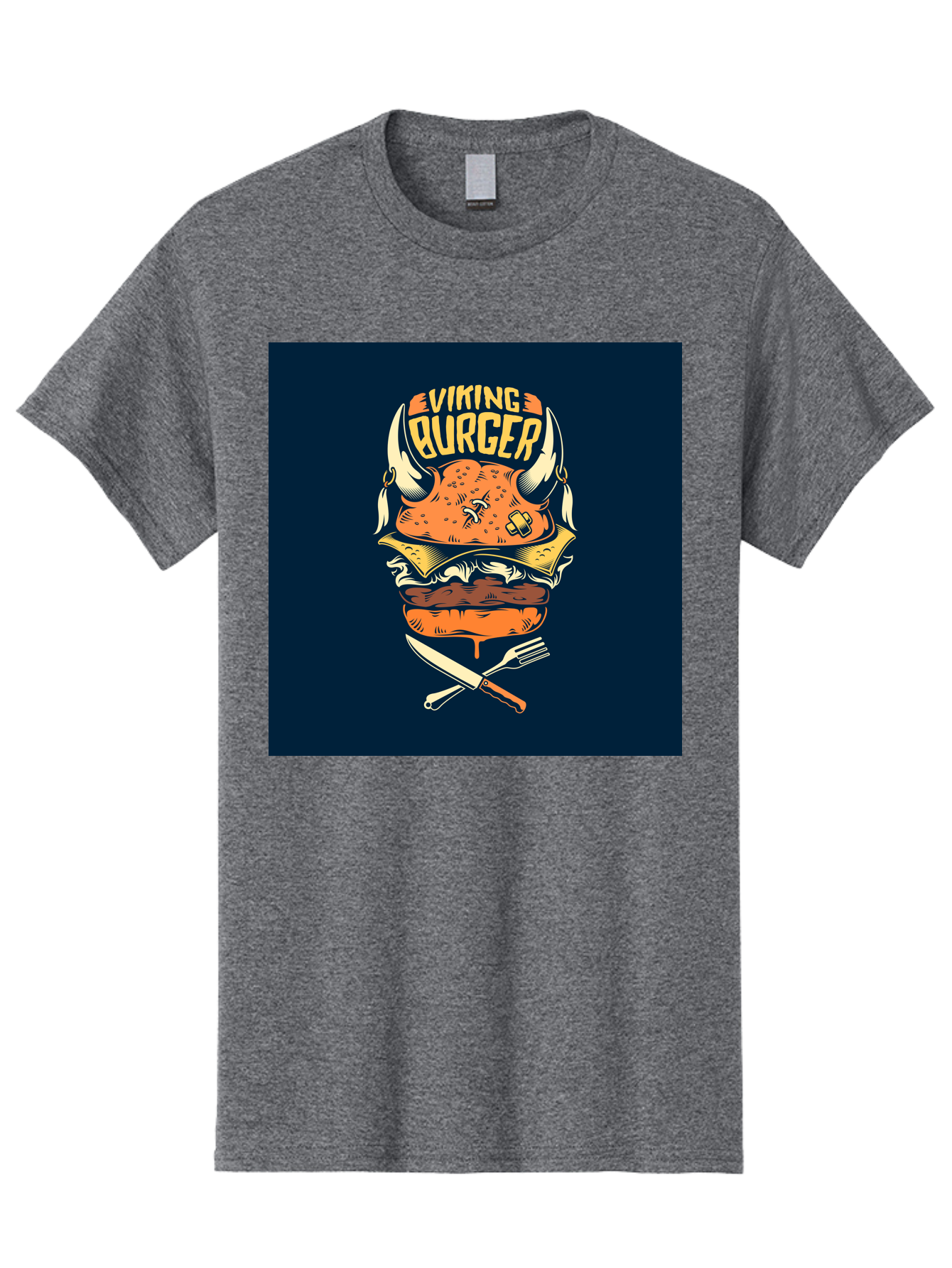 Viking-Burger Men'S Graphic Tee, 100% Cotton, Comfortable Casual Summer Wear, Machine Washable, Viking Burger, Cartoon Burger, Burger Illustration, Horned Bun, Crossed Utensils, Restaurant Logo, Food Branding, Yellow Text, Comical Design, Aab493