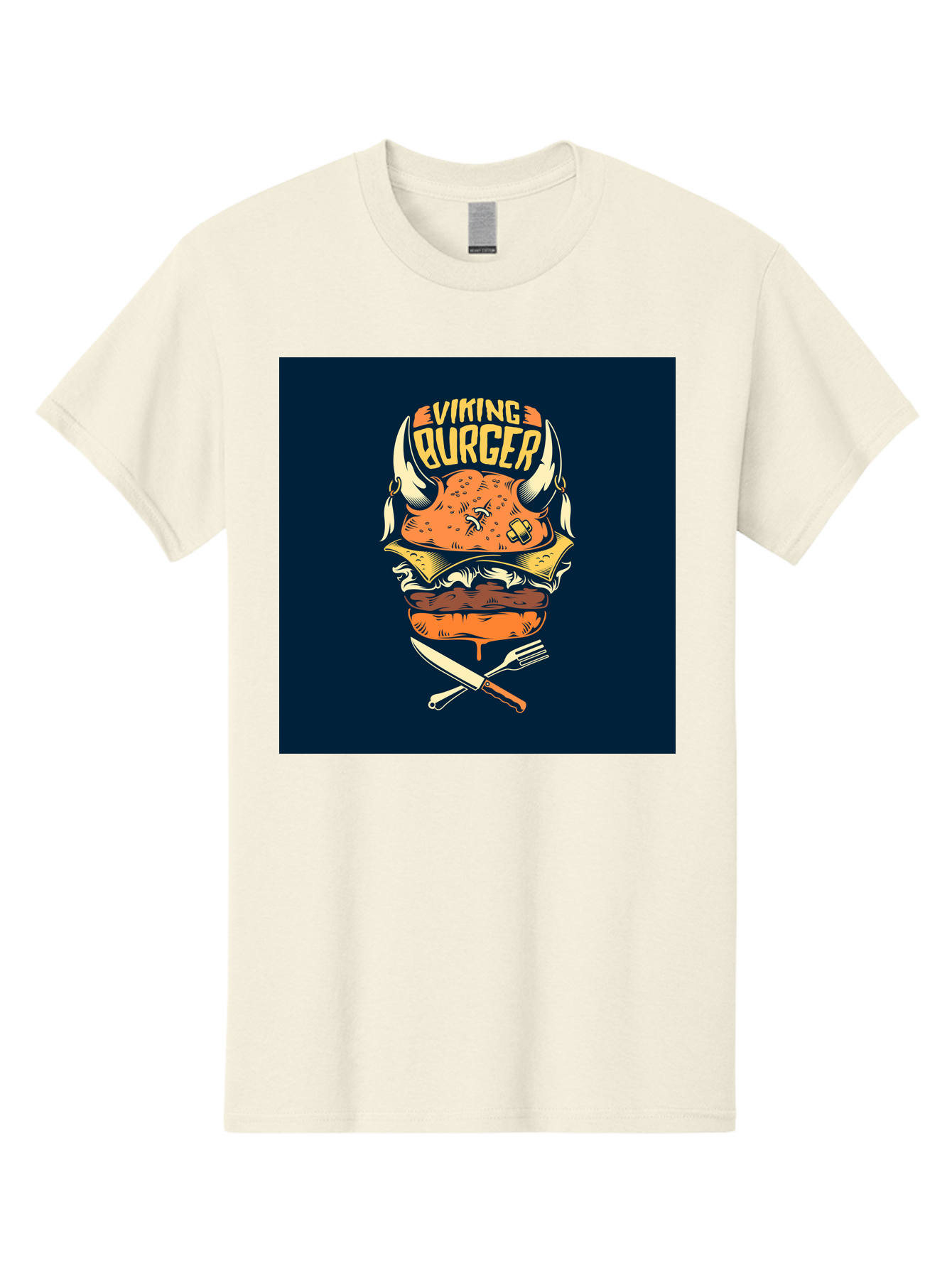 Viking-Burger Men'S Graphic Tee, 100% Cotton, Comfortable Casual Summer Wear, Machine Washable, Viking Burger, Cartoon Burger, Burger Illustration, Horned Bun, Crossed Utensils, Restaurant Logo, Food Branding, Yellow Text, Comical Design, Aab493
