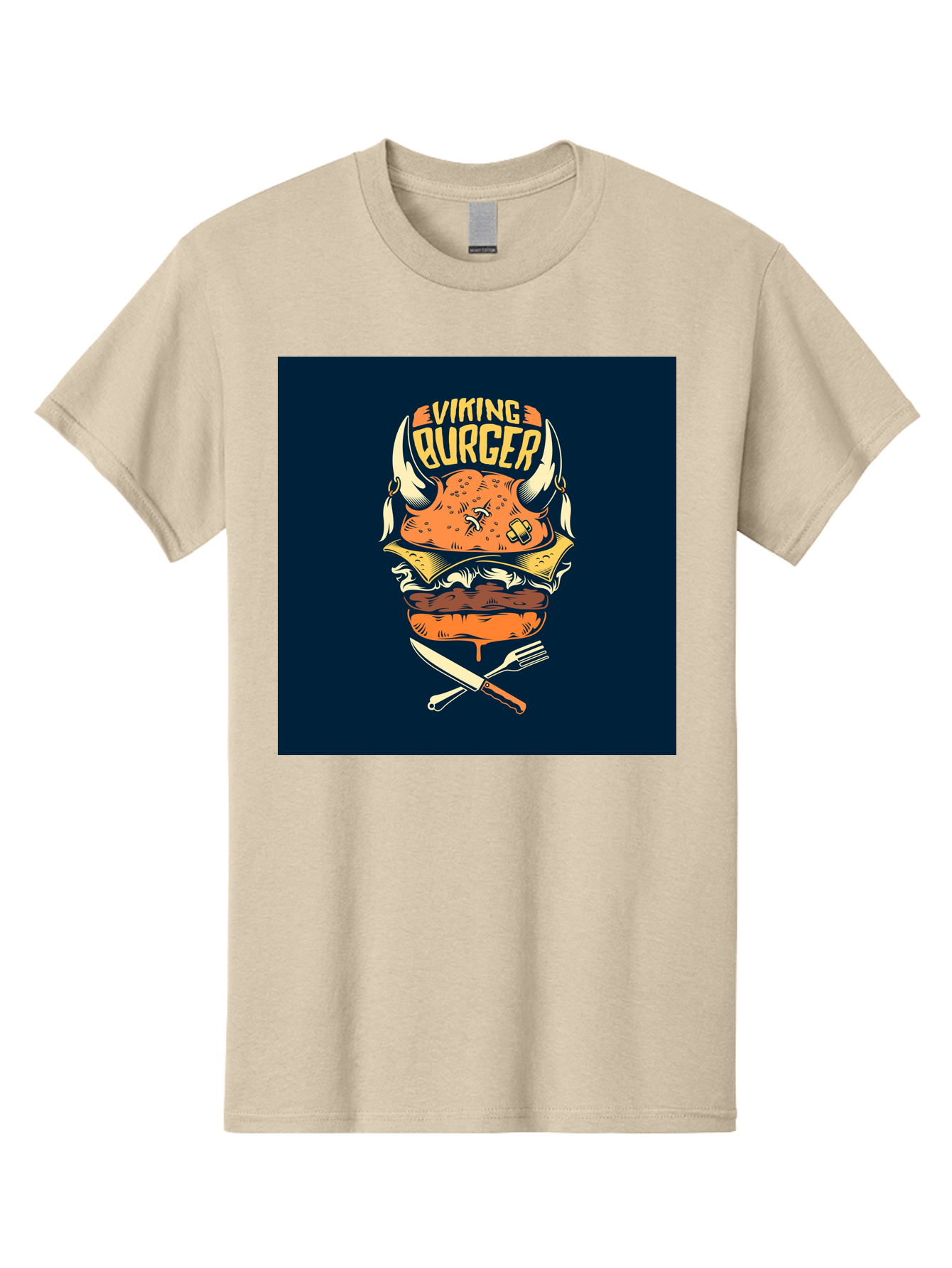 Viking-Burger Men'S Graphic Tee, 100% Cotton, Comfortable Casual Summer Wear, Machine Washable, Viking Burger, Cartoon Burger, Burger Illustration, Horned Bun, Crossed Utensils, Restaurant Logo, Food Branding, Yellow Text, Comical Design, Aab493