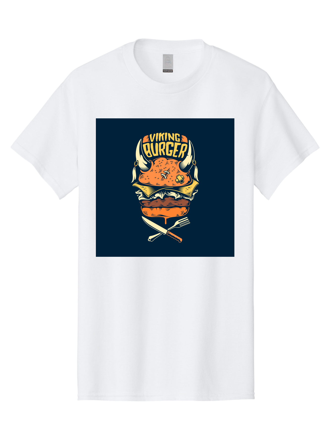 Viking-Burger Men'S Graphic Tee, 100% Cotton, Comfortable Casual Summer Wear, Machine Washable, Viking Burger, Cartoon Burger, Burger Illustration, Horned Bun, Crossed Utensils, Restaurant Logo, Food Branding, Yellow Text, Comical Design, Aab493