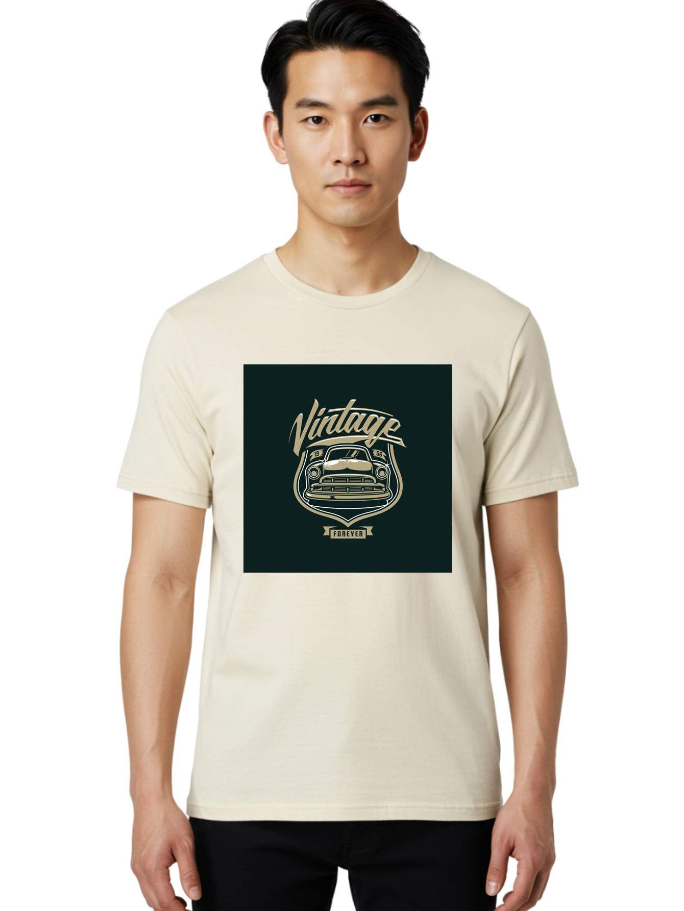 Vintage-Forever Men'S Graphic Tee, 100% Cotton, Comfortable Casual Summer Wear, Machine Washable, Vintage Car, Classic Automobile, Retro Vehicle, 1956 Model, Nostalgic Design, Vintage Forever, Vintage Car Logo, Retro Car Emblem, Aab494