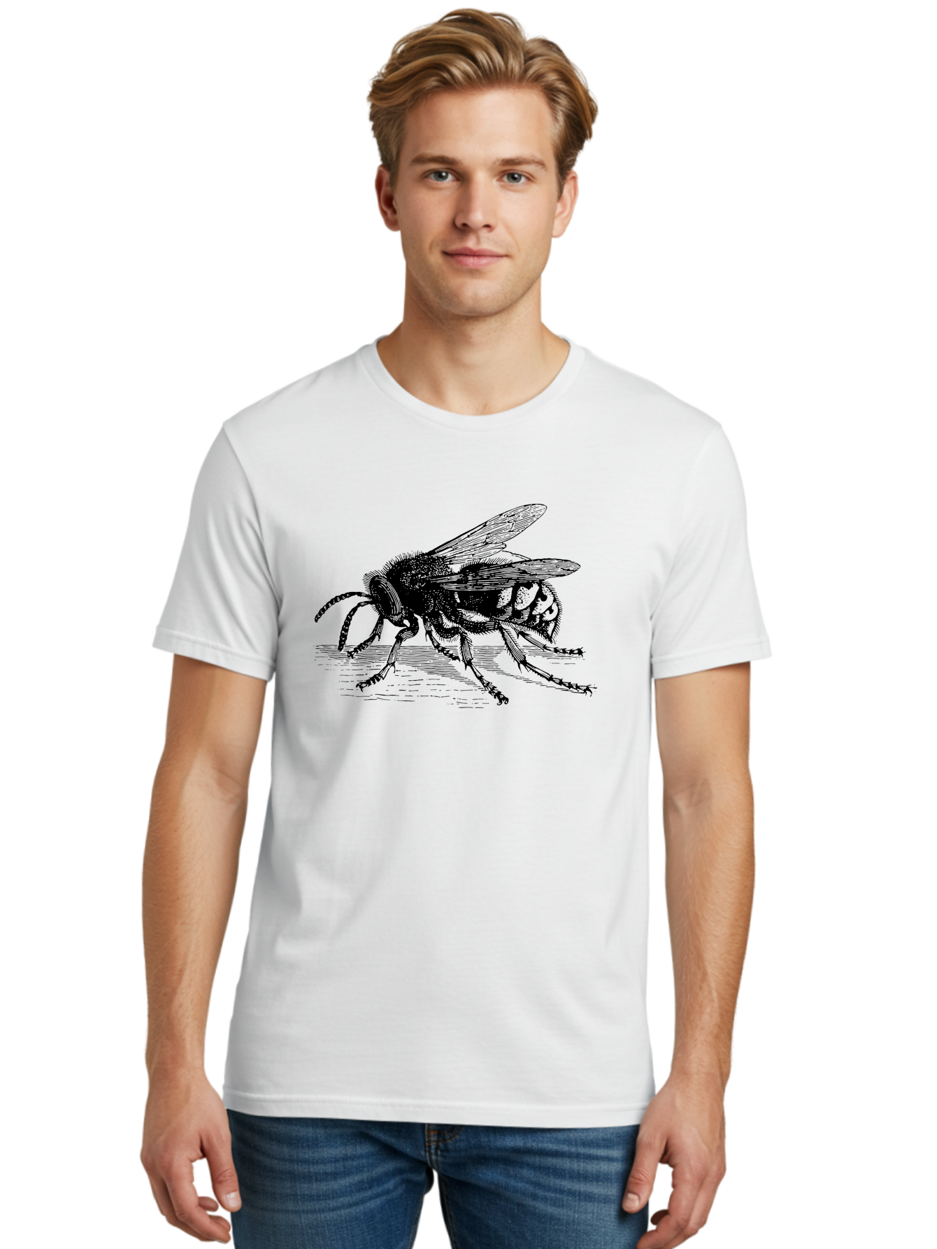 Bee-3 Men'S Graphic Tee, 100% Cotton, Comfortable Casual Summer Wear, Machine Washable, Black And White Bee Illustration, Insect Artwork, Detailed Drawing, Honey Bee, Wildlife Graphic, Vintage Style, Entomology Art, Aab500