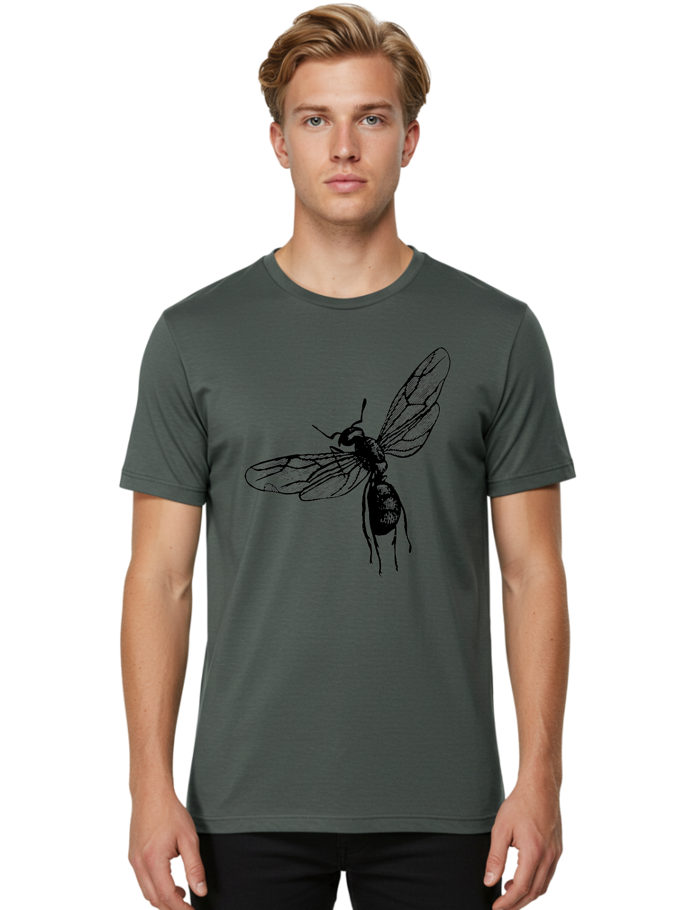 Bee Men'S Graphic Tee, 100% Cotton, Comfortable Casual Summer Wear, Machine Washable, Black Wasp In Flight, Insect Wings, Entomology Illustration, Detailed Drawing, Winged Creature, Insect Art Aab503