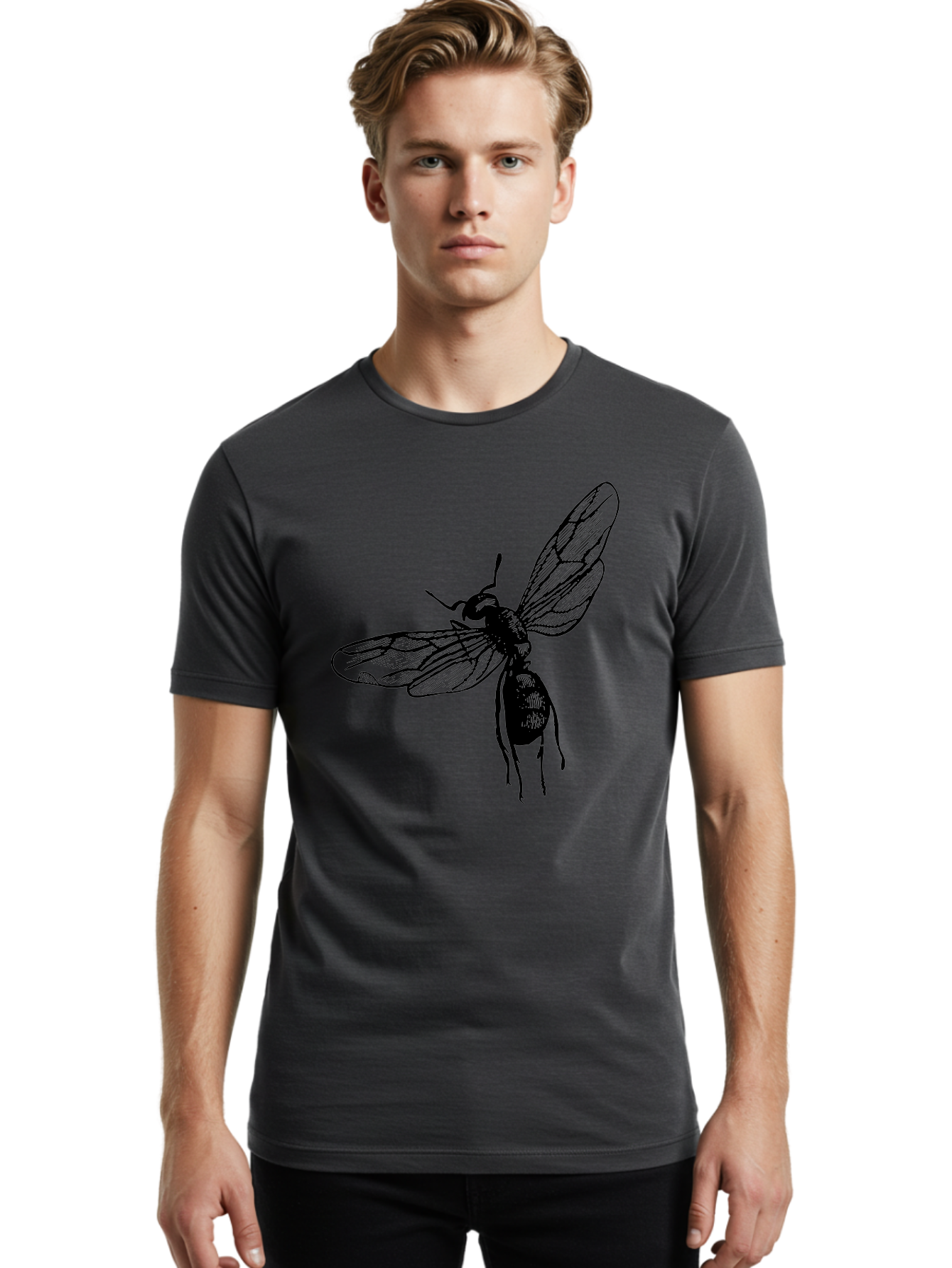 Bee Men'S Graphic Tee, 100% Cotton, Comfortable Casual Summer Wear, Machine Washable, Black Wasp In Flight, Insect Wings, Entomology Illustration, Detailed Drawing, Winged Creature, Insect Art Aab503