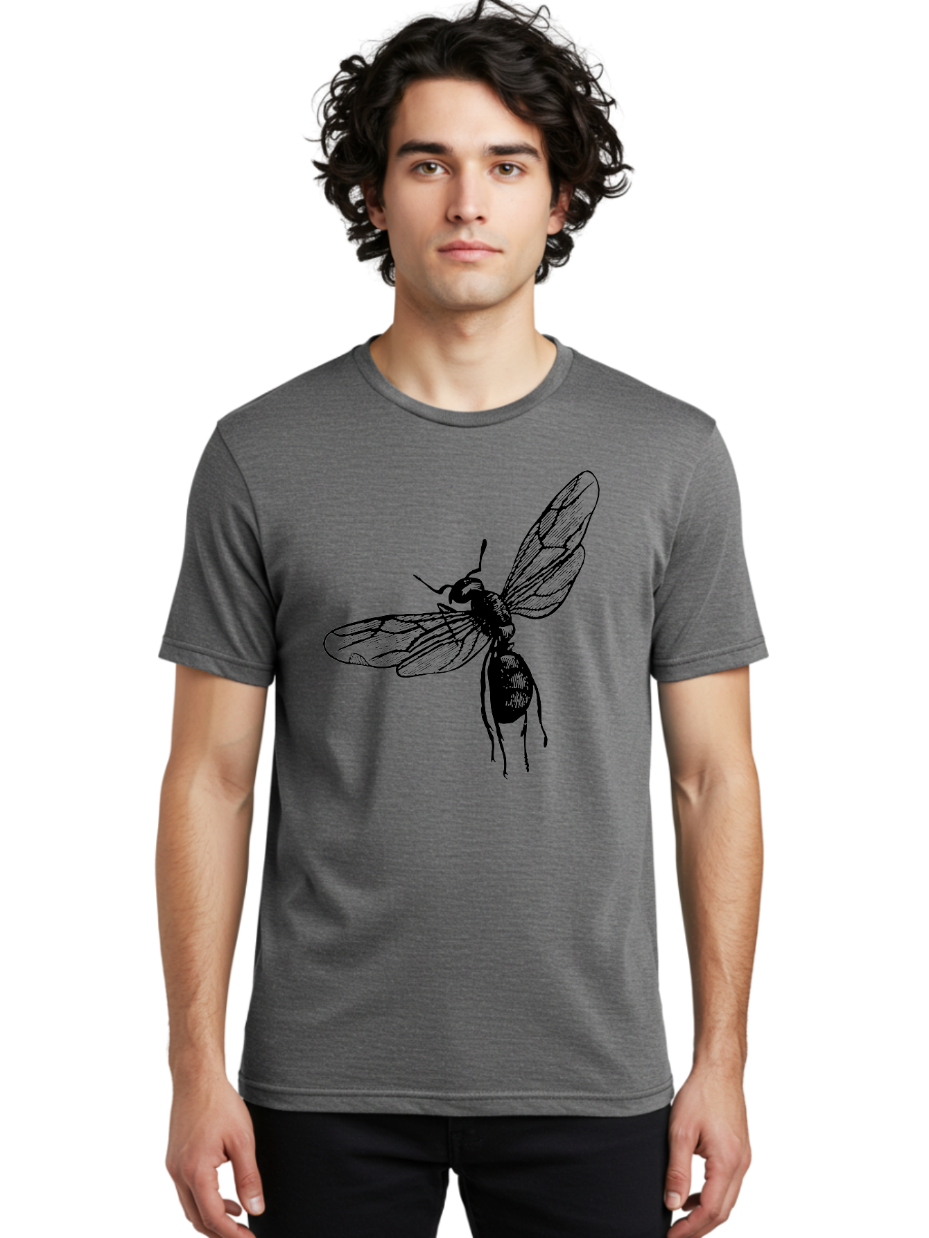 Bee Men'S Graphic Tee, 100% Cotton, Comfortable Casual Summer Wear, Machine Washable, Black Wasp In Flight, Insect Wings, Entomology Illustration, Detailed Drawing, Winged Creature, Insect Art Aab503