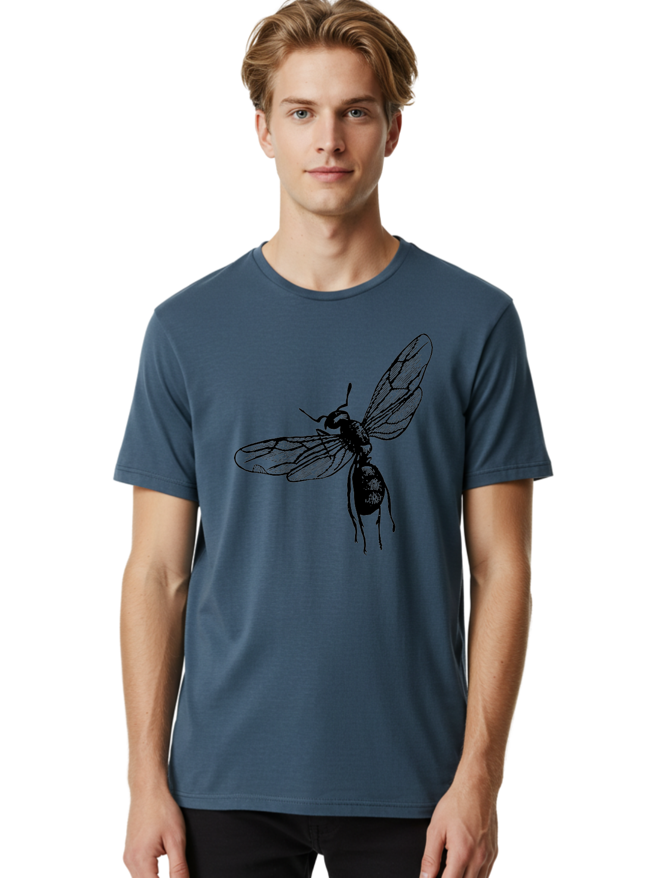 Bee Men'S Graphic Tee, 100% Cotton, Comfortable Casual Summer Wear, Machine Washable, Black Wasp In Flight, Insect Wings, Entomology Illustration, Detailed Drawing, Winged Creature, Insect Art Aab503