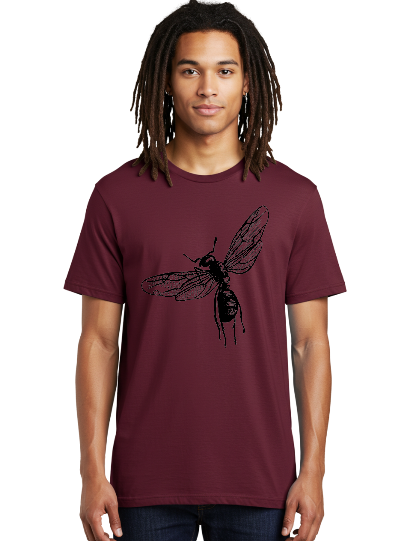 Bee Men'S Graphic Tee, 100% Cotton, Comfortable Casual Summer Wear, Machine Washable, Black Wasp In Flight, Insect Wings, Entomology Illustration, Detailed Drawing, Winged Creature, Insect Art Aab503