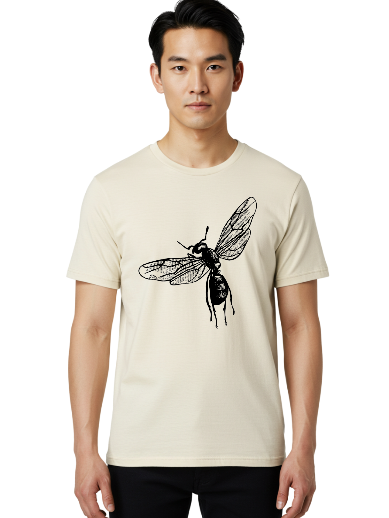 Bee Men'S Graphic Tee, 100% Cotton, Comfortable Casual Summer Wear, Machine Washable, Black Wasp In Flight, Insect Wings, Entomology Illustration, Detailed Drawing, Winged Creature, Insect Art Aab503
