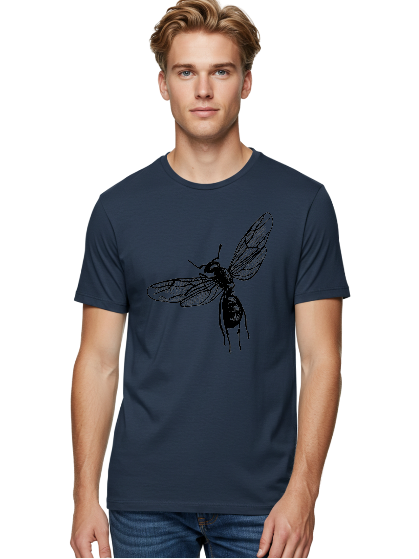 Bee Men'S Graphic Tee, 100% Cotton, Comfortable Casual Summer Wear, Machine Washable, Black Wasp In Flight, Insect Wings, Entomology Illustration, Detailed Drawing, Winged Creature, Insect Art Aab503