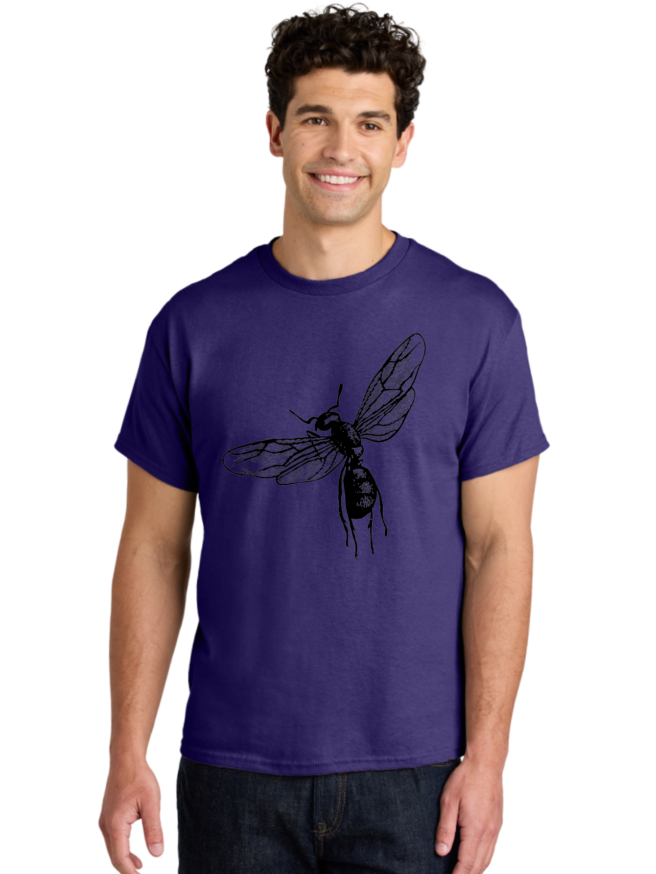 Bee Men'S Graphic Tee, 100% Cotton, Comfortable Casual Summer Wear, Machine Washable, Black Wasp In Flight, Insect Wings, Entomology Illustration, Detailed Drawing, Winged Creature, Insect Art Aab503