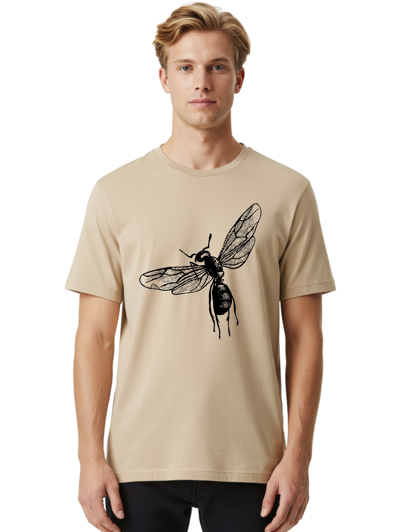 Bee Men'S Graphic Tee, 100% Cotton, Comfortable Casual Summer Wear, Machine Washable, Black Wasp In Flight, Insect Wings, Entomology Illustration, Detailed Drawing, Winged Creature, Insect Art Aab503