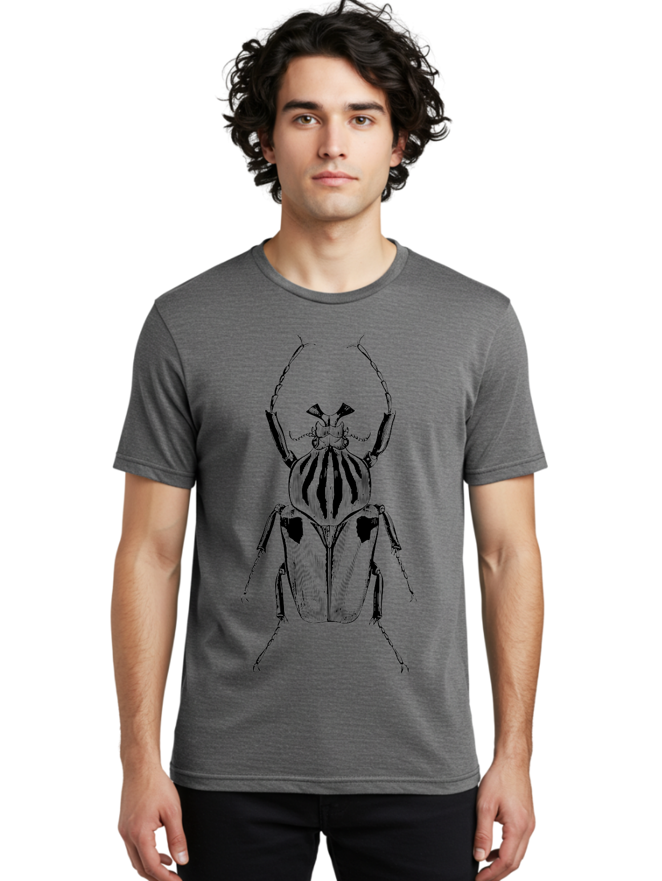 Beetle-Illustration-1 Men'S Graphic Tee, 100% Cotton, Comfortable Casual Summer Wear, Machine Washable, Beetle Illustration, Insect Art, Entomology, Striped Beetle, Black And Green, Detailed Drawing, Wildlife Illustration, Bug Graphics Aab507
