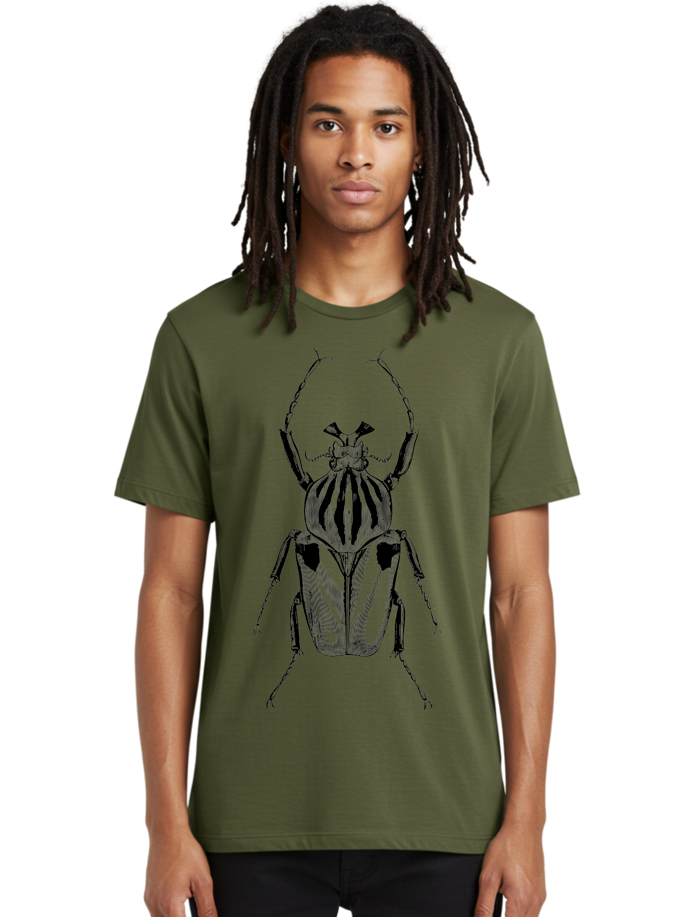Beetle-Illustration-1 Men'S Graphic Tee, 100% Cotton, Comfortable Casual Summer Wear, Machine Washable, Beetle Illustration, Insect Art, Entomology, Striped Beetle, Black And Green, Detailed Drawing, Wildlife Illustration, Bug Graphics Aab507