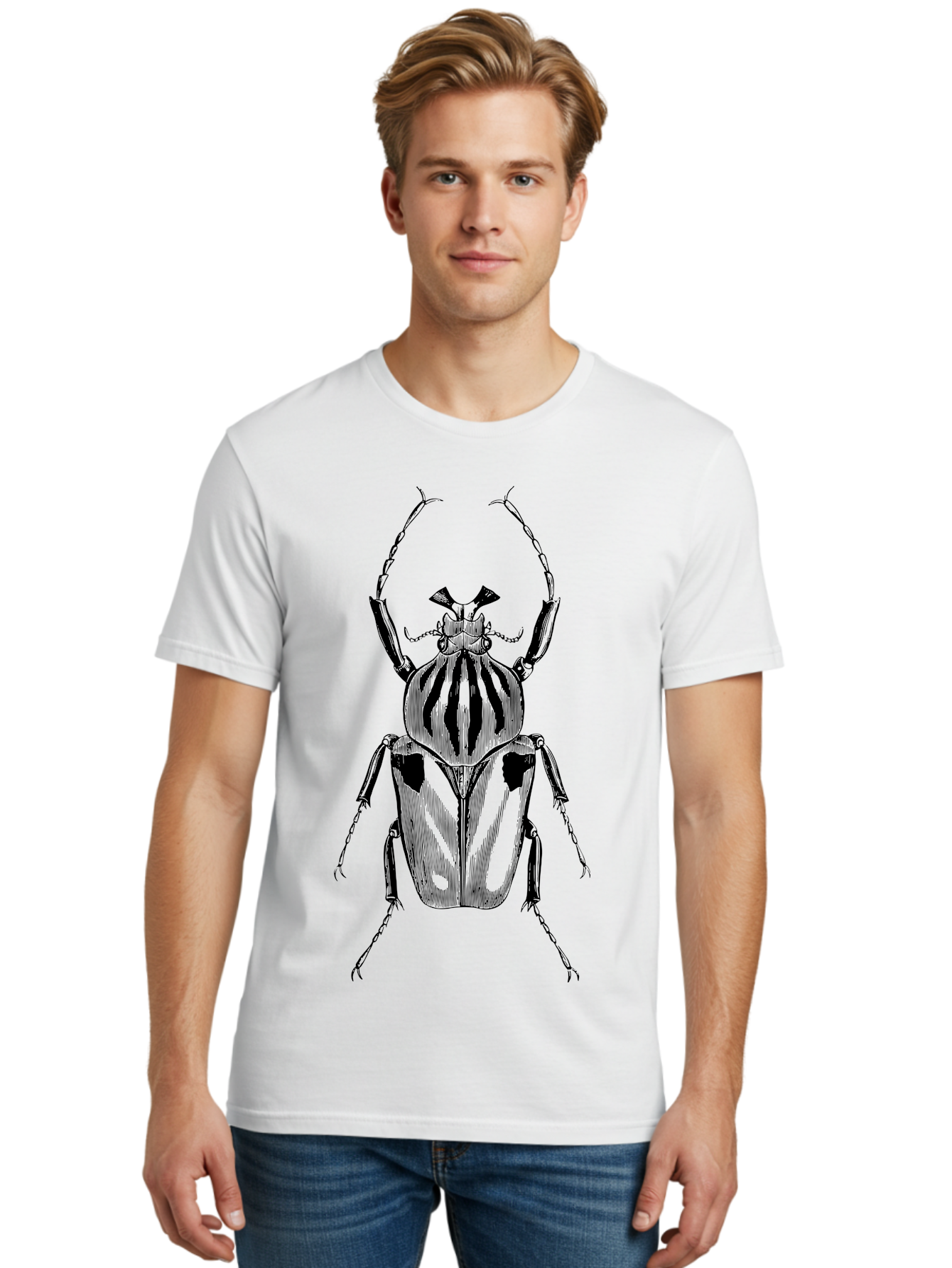 Beetle-Illustration-1 Men'S Graphic Tee, 100% Cotton, Comfortable Casual Summer Wear, Machine Washable, Beetle Illustration, Insect Art, Entomology, Striped Beetle, Black And Green, Detailed Drawing, Wildlife Illustration, Bug Graphics Aab507