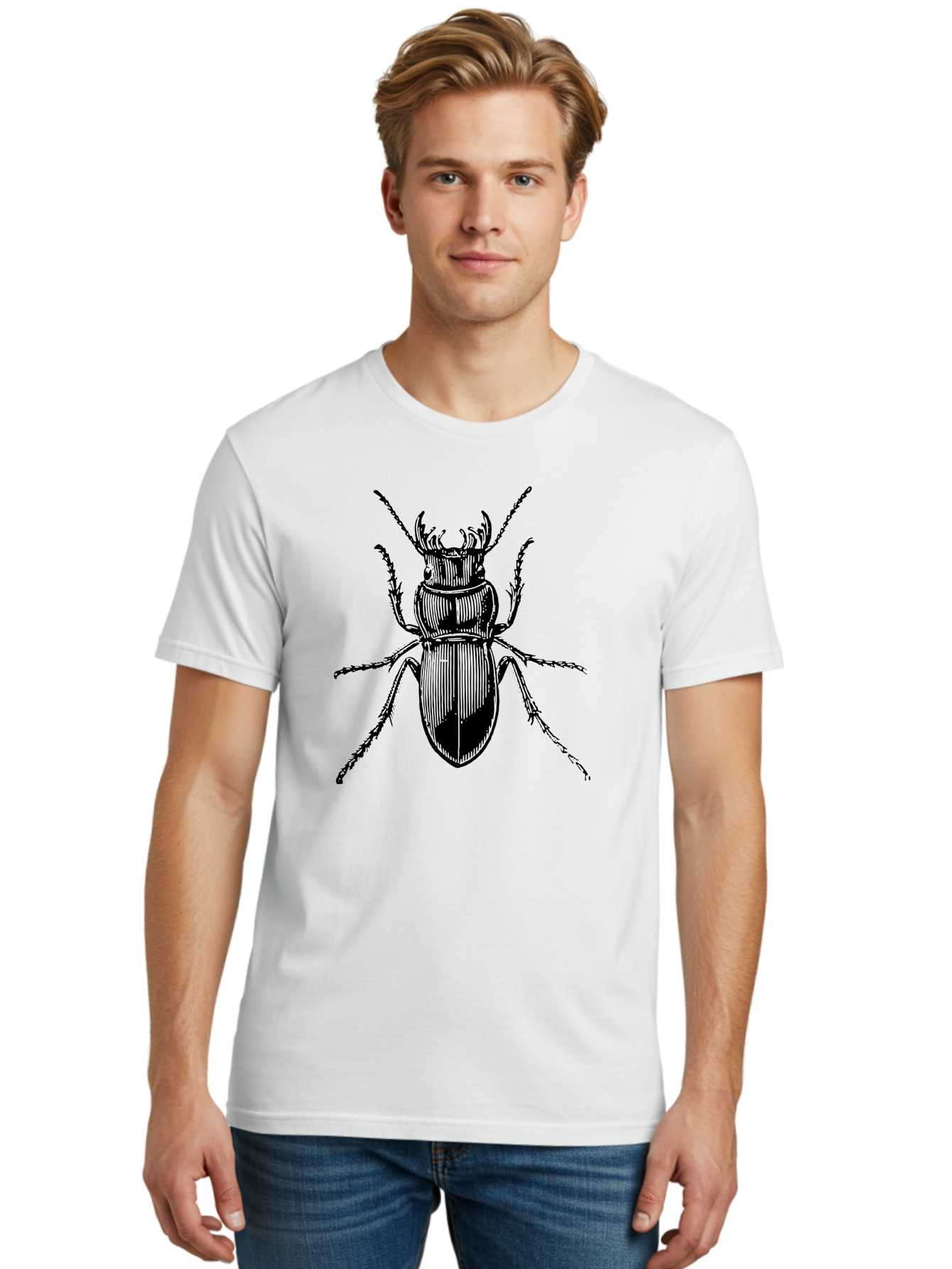 Beetle-Illustration-2 Men'S Graphic Tee, 100% Cotton, Comfortable Casual Summer Wear, Machine Washable, Beetle Illustration, Black Insect, Detailed Drawing, Entomology Art, Insect Anatomy, Wildlife Graphic, Bug Design, Ornate Beetle Aab508