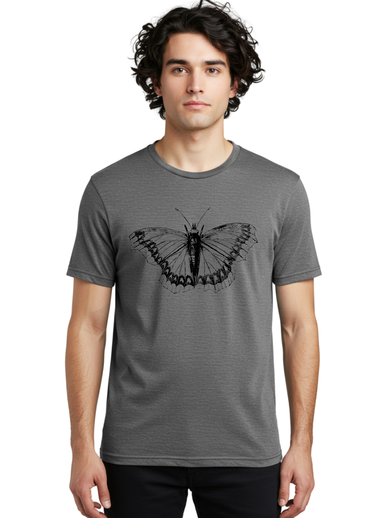 Butterfly-Illustration Men'S Graphic Tee, 100% Cotton, Comfortable Casual Summer Wear, Machine Washable, Butterfly Illustration, Insect Art, Wing Patterns, Detailed Drawing, Black And Green Hues, Fragile Beauty, Natural Design Aab514