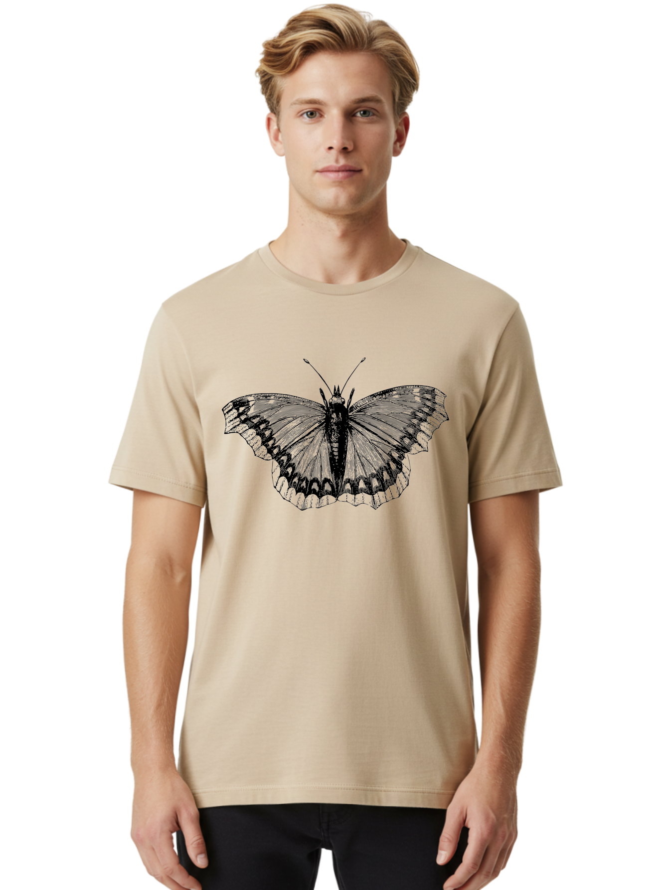 Butterfly-Illustration Men'S Graphic Tee, 100% Cotton, Comfortable Casual Summer Wear, Machine Washable, Butterfly Illustration, Insect Art, Wing Patterns, Detailed Drawing, Black And Green Hues, Fragile Beauty, Natural Design Aab514