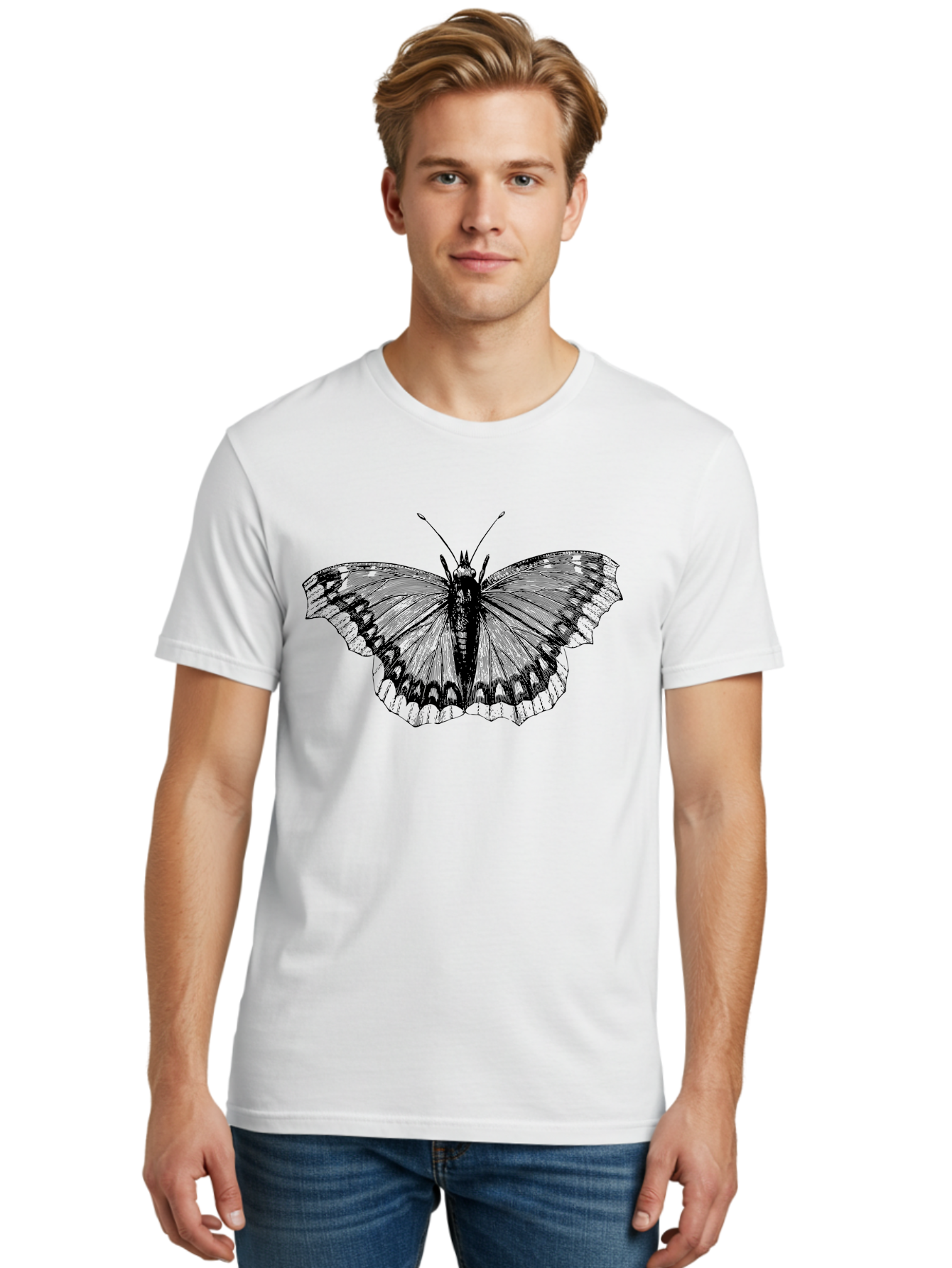 Butterfly-Illustration Men'S Graphic Tee, 100% Cotton, Comfortable Casual Summer Wear, Machine Washable, Butterfly Illustration, Insect Art, Wing Patterns, Detailed Drawing, Black And Green Hues, Fragile Beauty, Natural Design Aab514