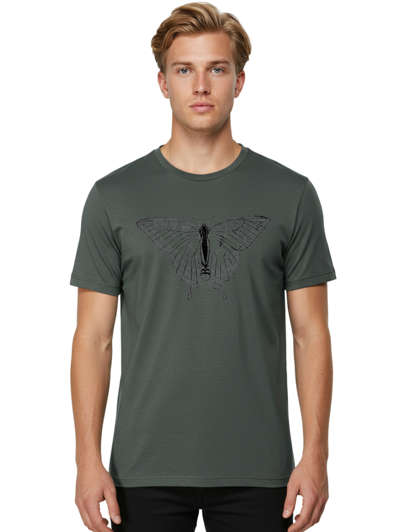 Butterfly-Silhouette Men'S Graphic Tee, 100% Cotton, Comfortable Casual Summer Wear, Machine Washable, Black Butterfly, Transparent Wings, Delicate Pattern, Intricate Design, Wings Spread Wide, Detailed Texture, Fragile Beauty, Insect Art Aab516